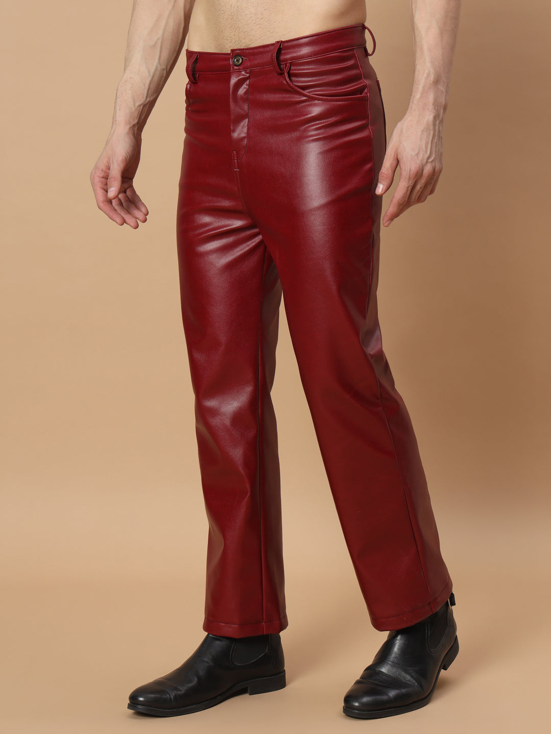 TANDUL  Men Regular Fit Maroon Faux Leather Trousers