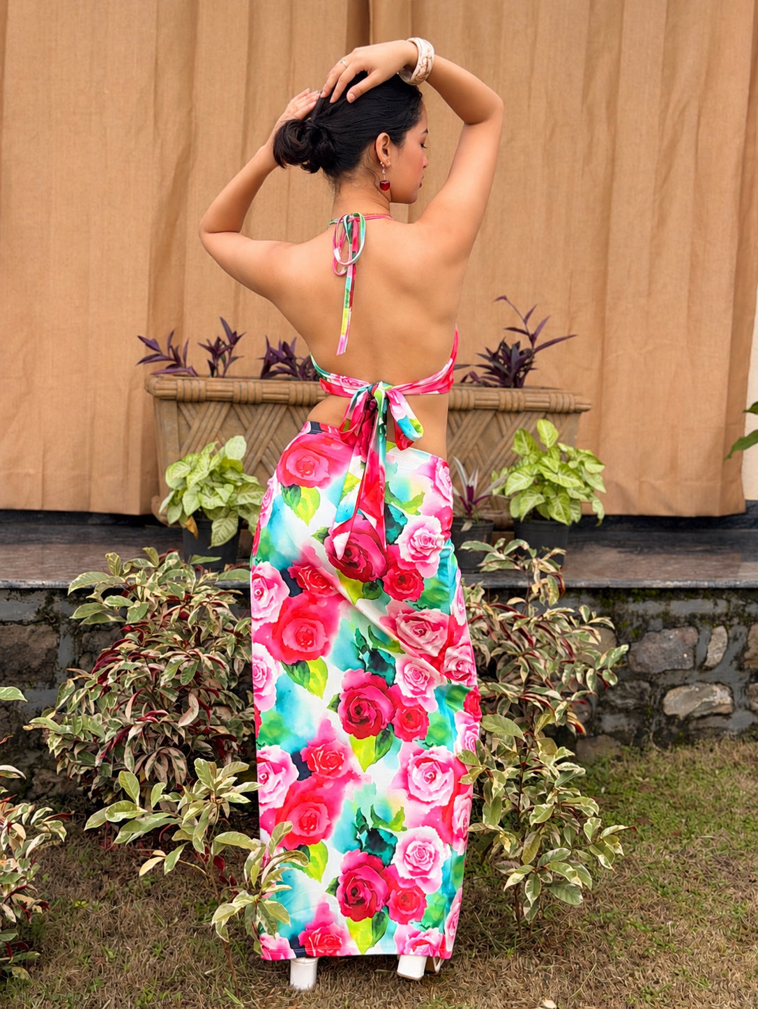 TANDUL Women Tropics Rose Twist-Front High-Slit Co-Ord Set