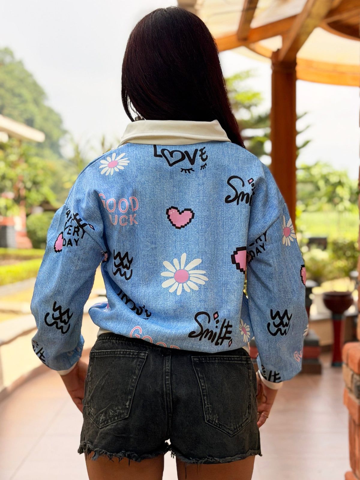 TANDUL Women Light Blue Denim-Print Polo Sweatshirt