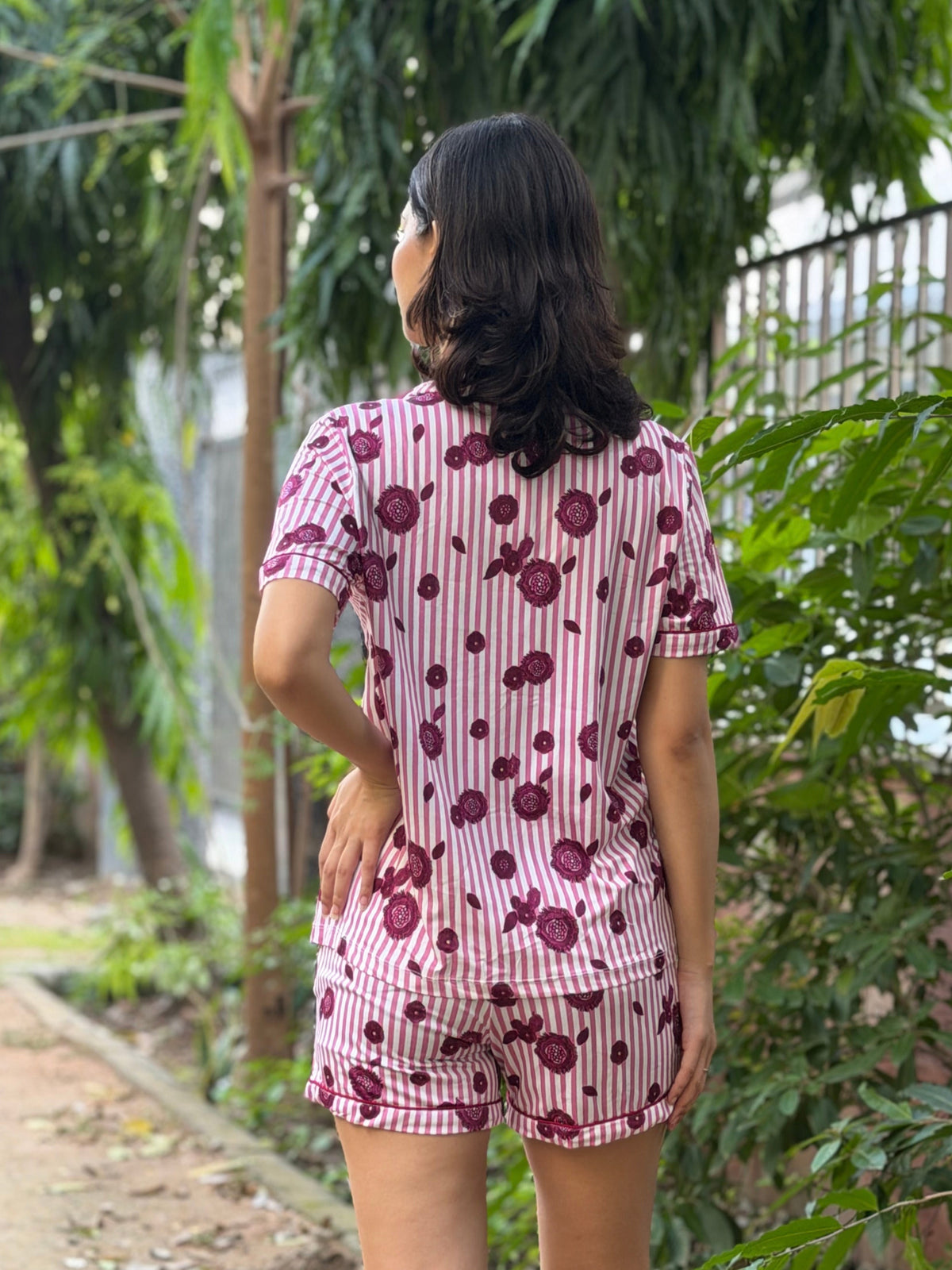 TANDUL Women Pink Striped Button-Down Summer Nightsuit