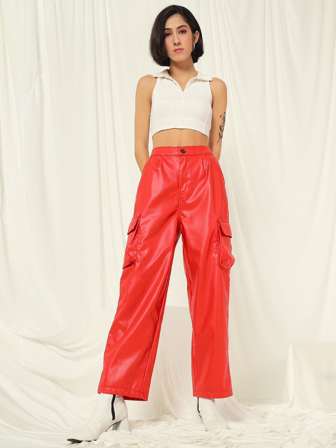 TANDUL  Women Regular Fit Red Faux Leather Trousers