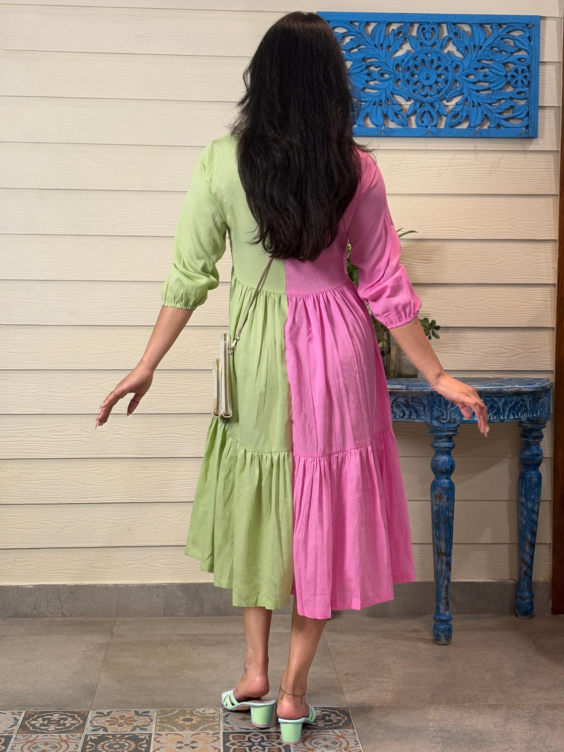 TANDUL Women Pink and Green Flared Dress