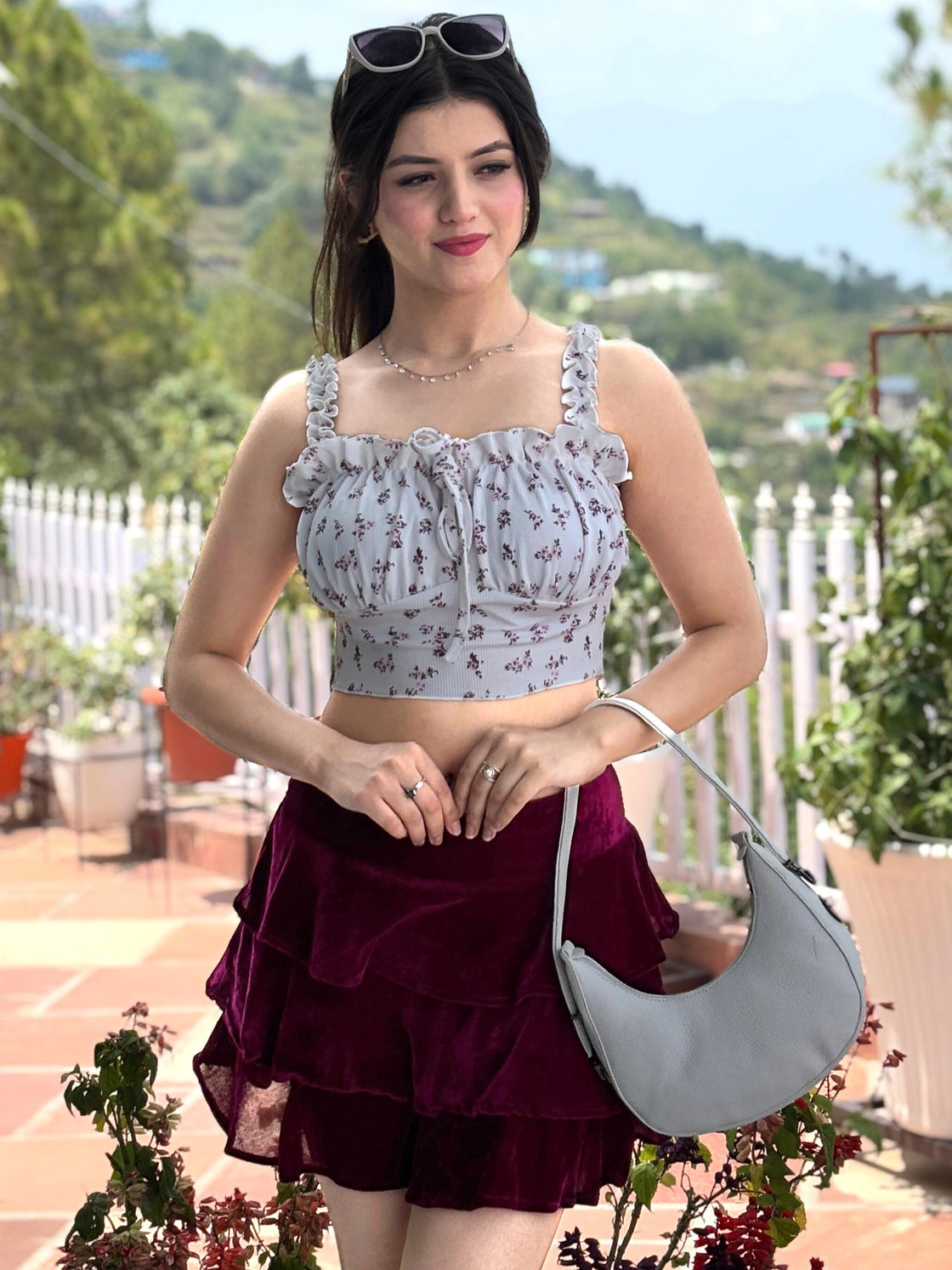 TANDUL Women Wine Color Velvet Skirt