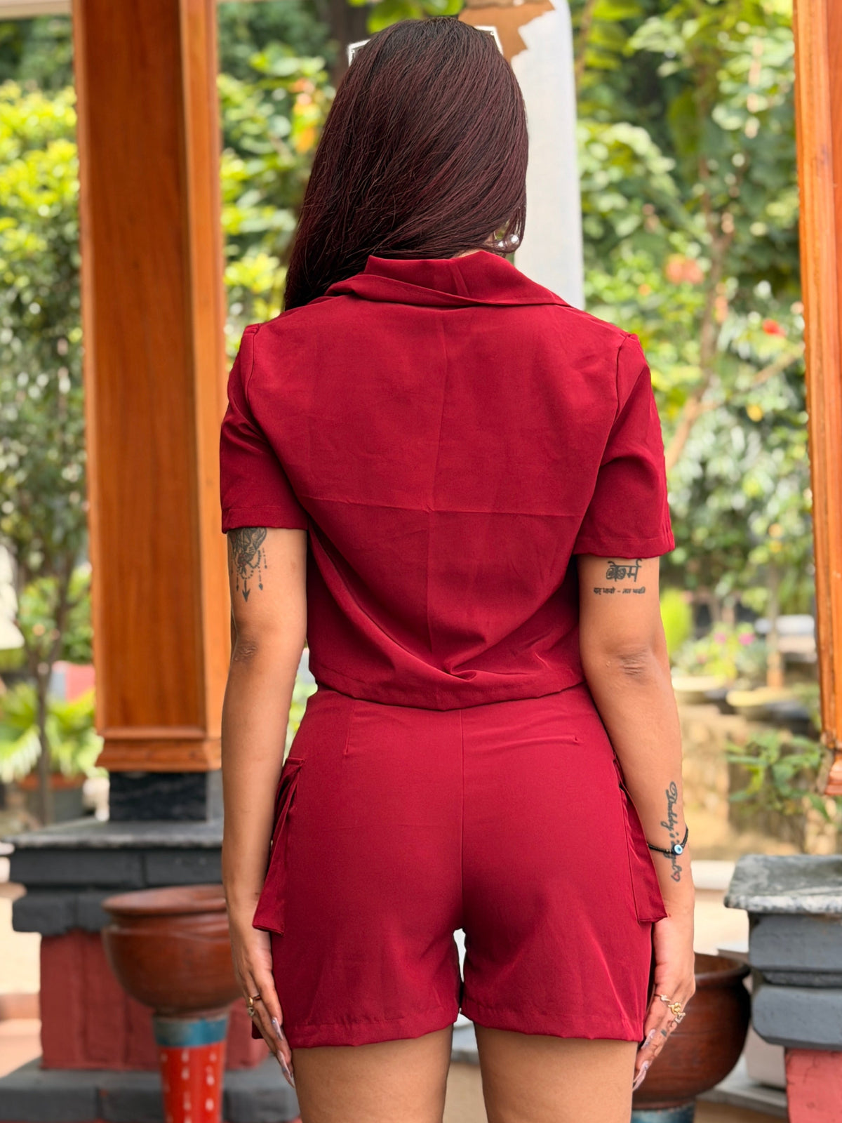 TANDUL Women's Burgundy Cargo Crop Shirt and Shorts Co-ord Set