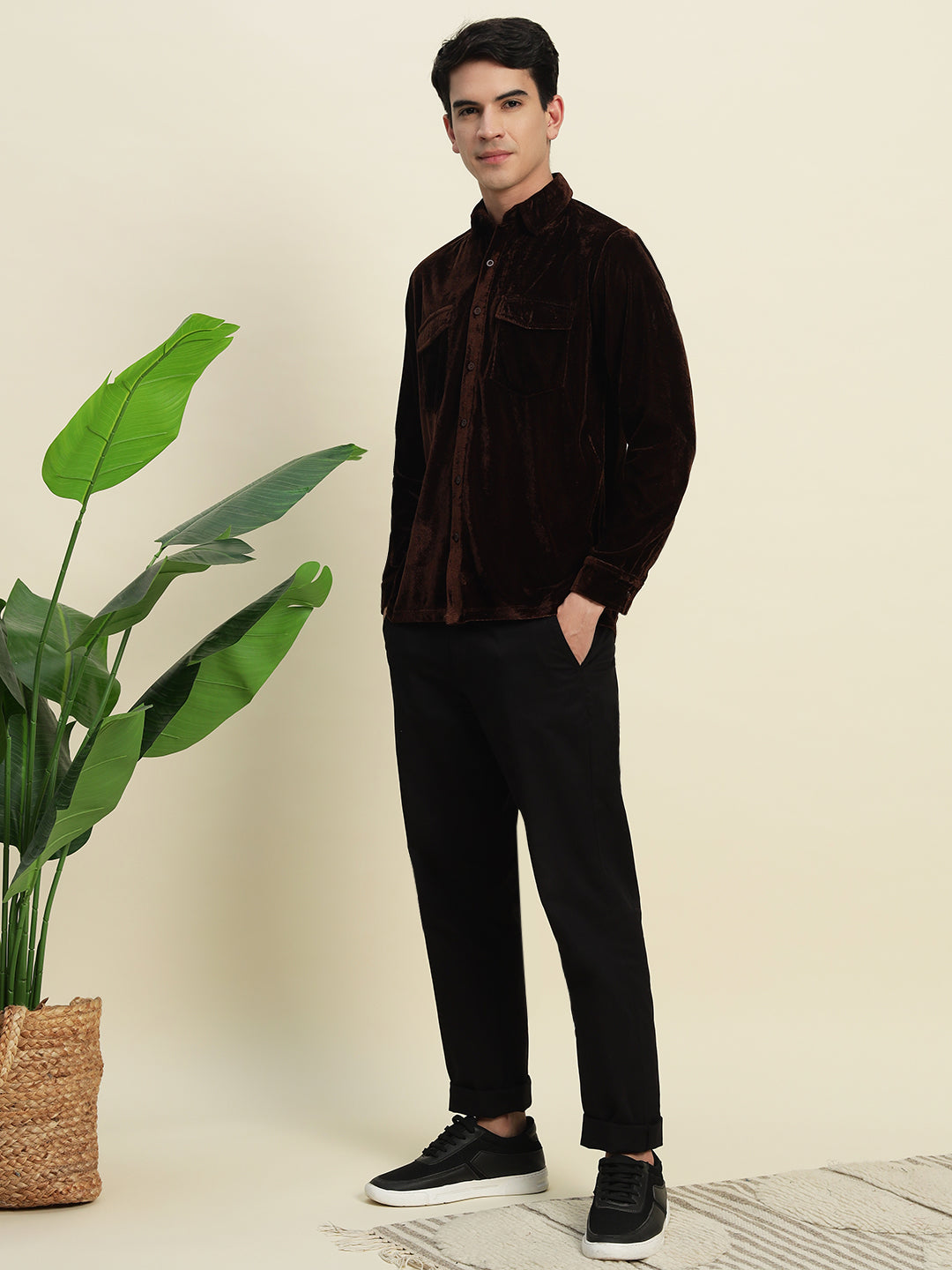 TANDUL Men's Brown Velvet Shirt