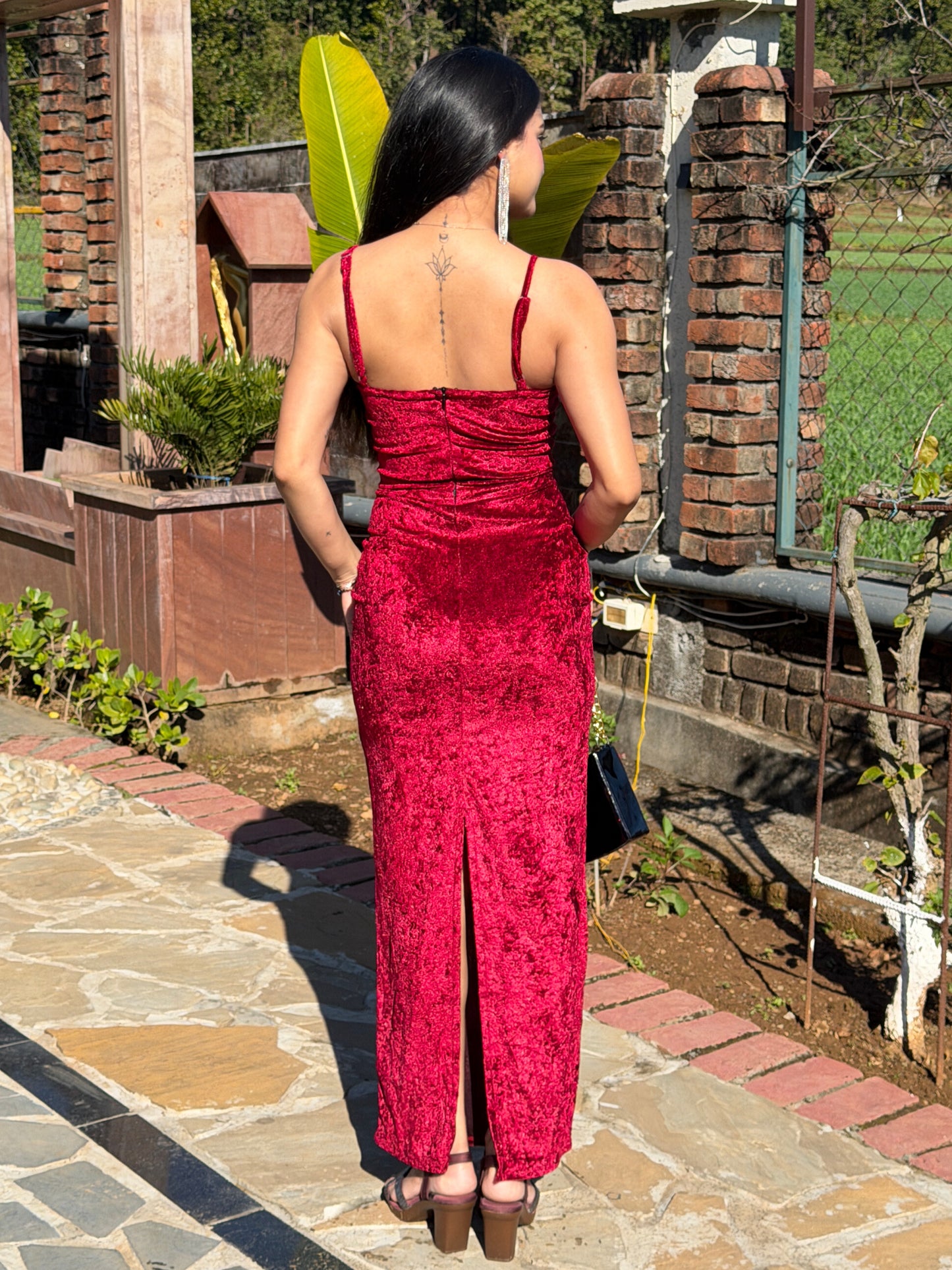 TANDUL Women Stunning Maroon Velvet Bodycon Dress
