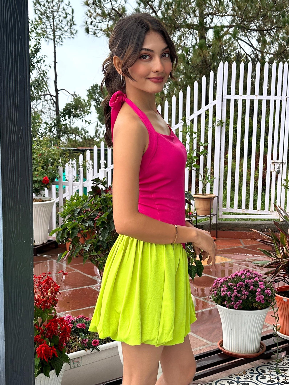 TANDUL Women Vibrant Pink and Green Balloon Dress
