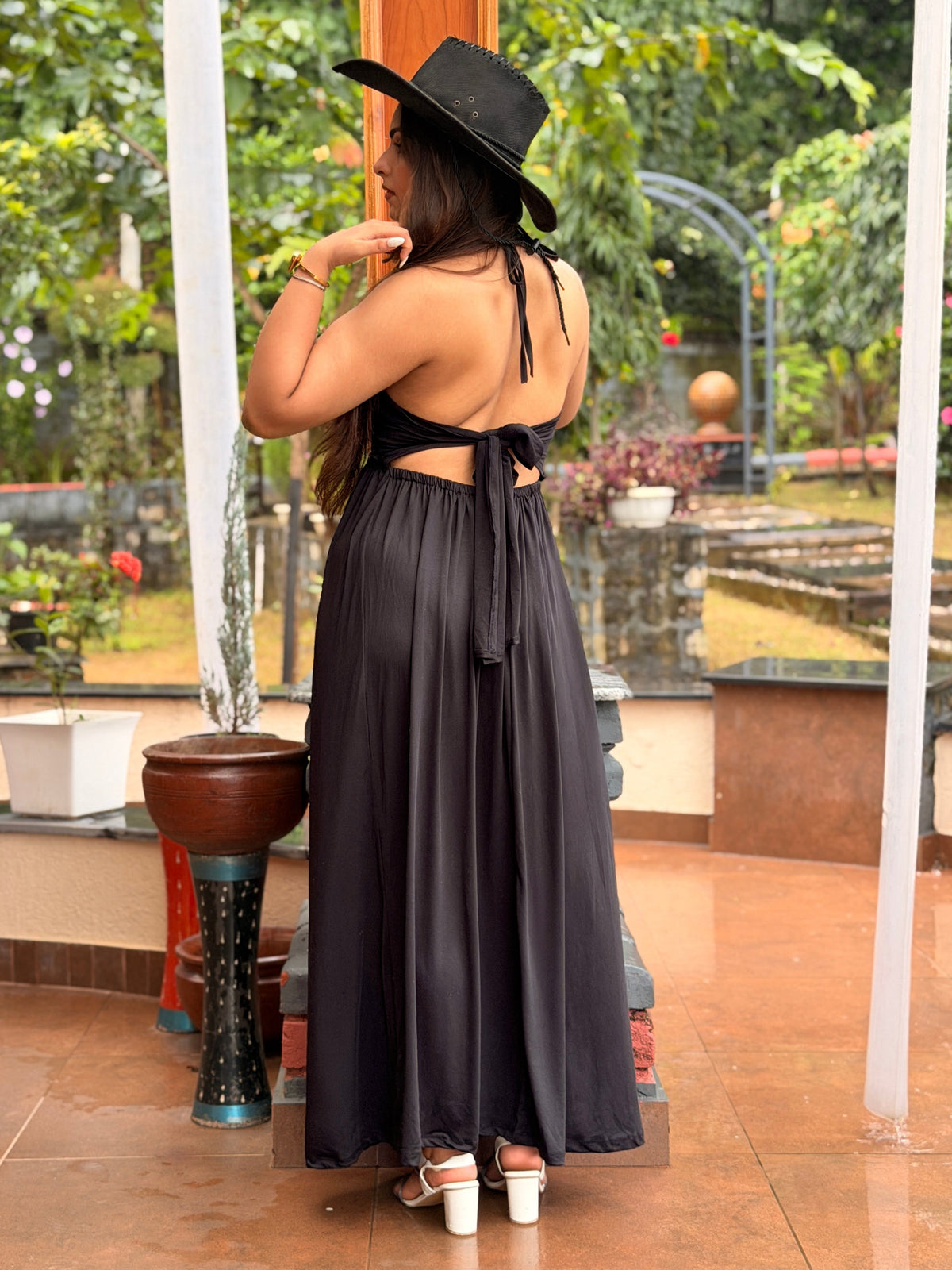 TANDUL Women Black Halter Neck Maxi Dress with Ruched V-Neck