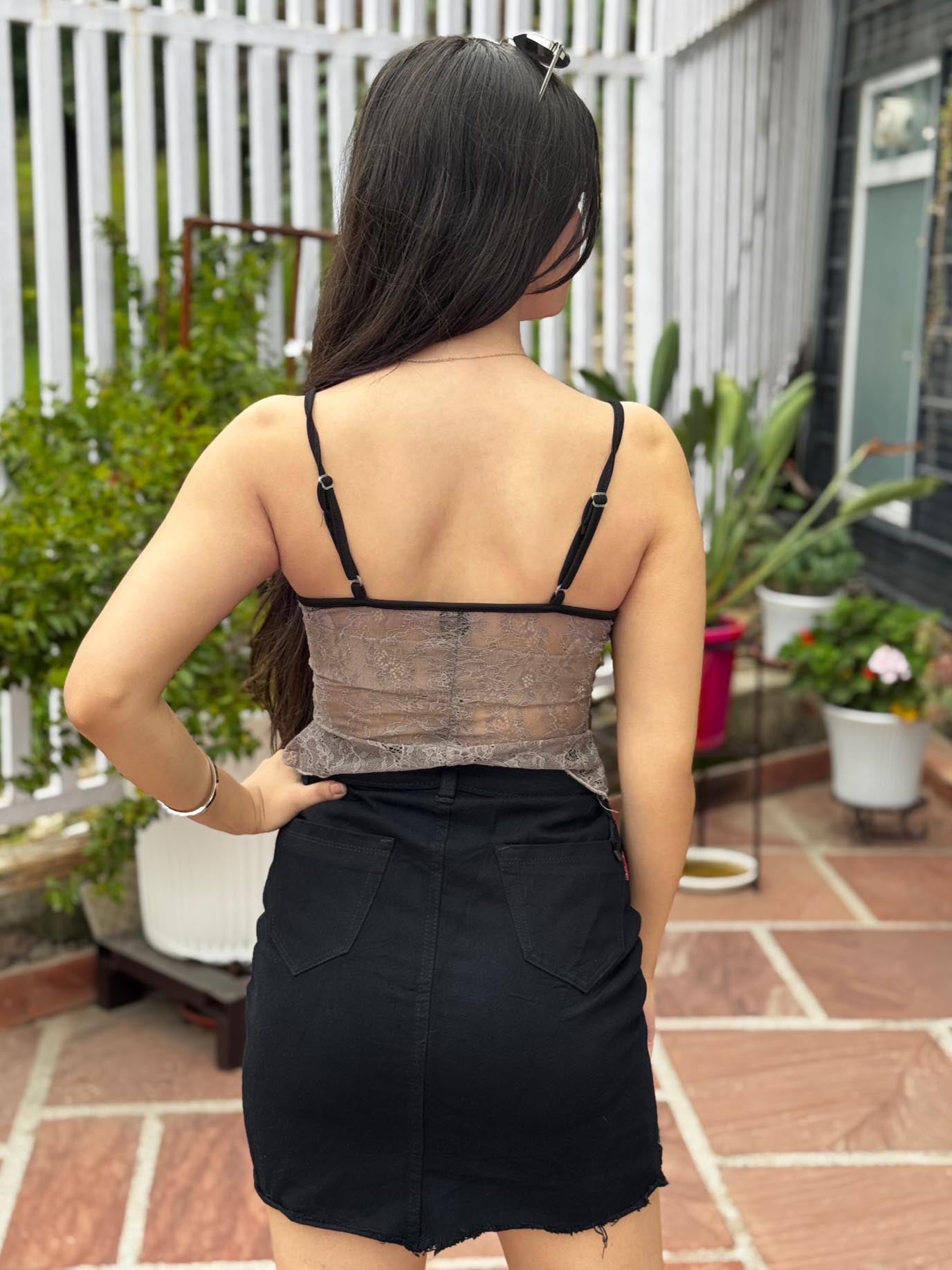 TANDUL Women Grey Lace Tank Top