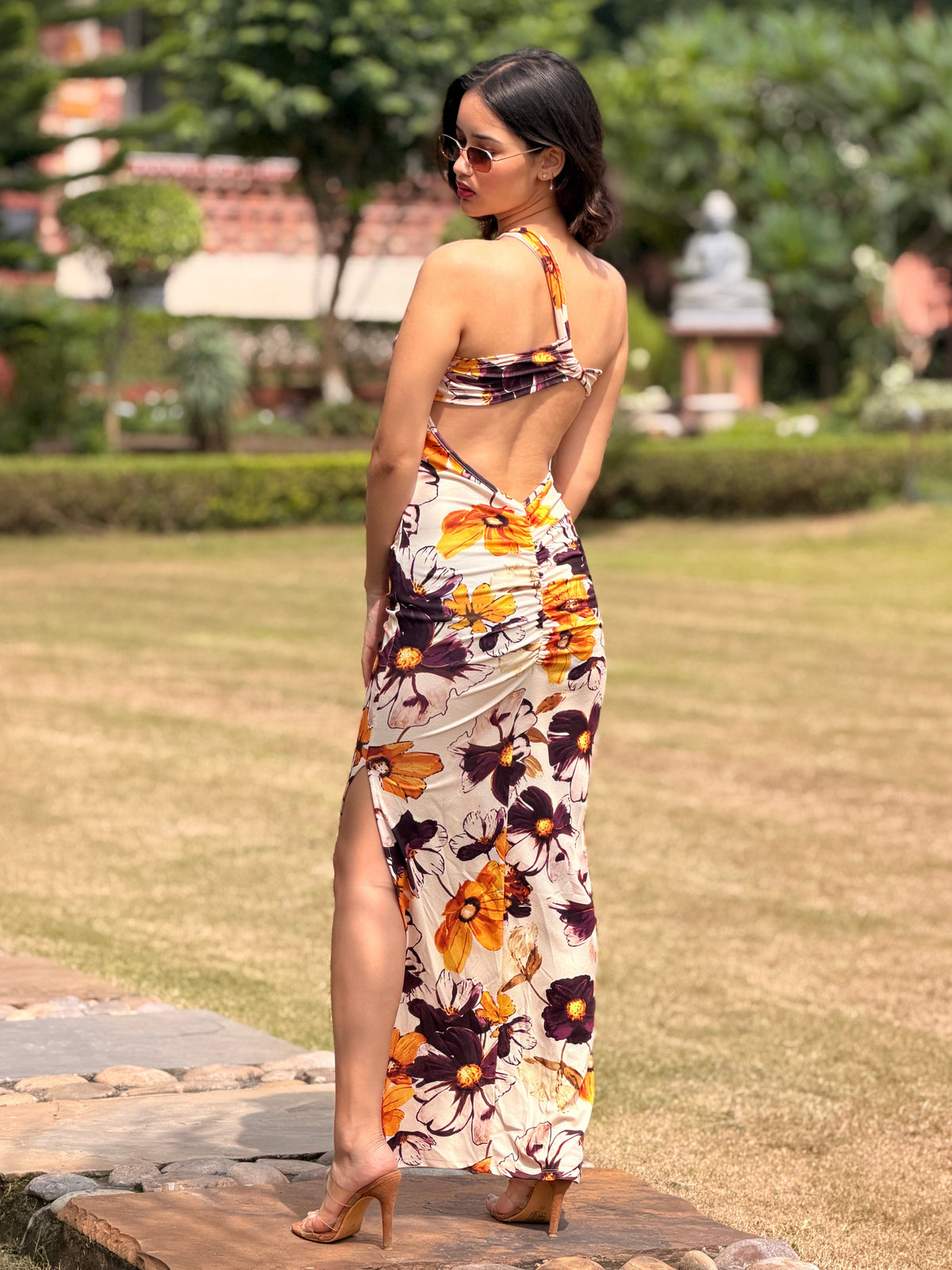TANDUL Women Retro Floral Asymmetric One-Shoulder Maxi Dress