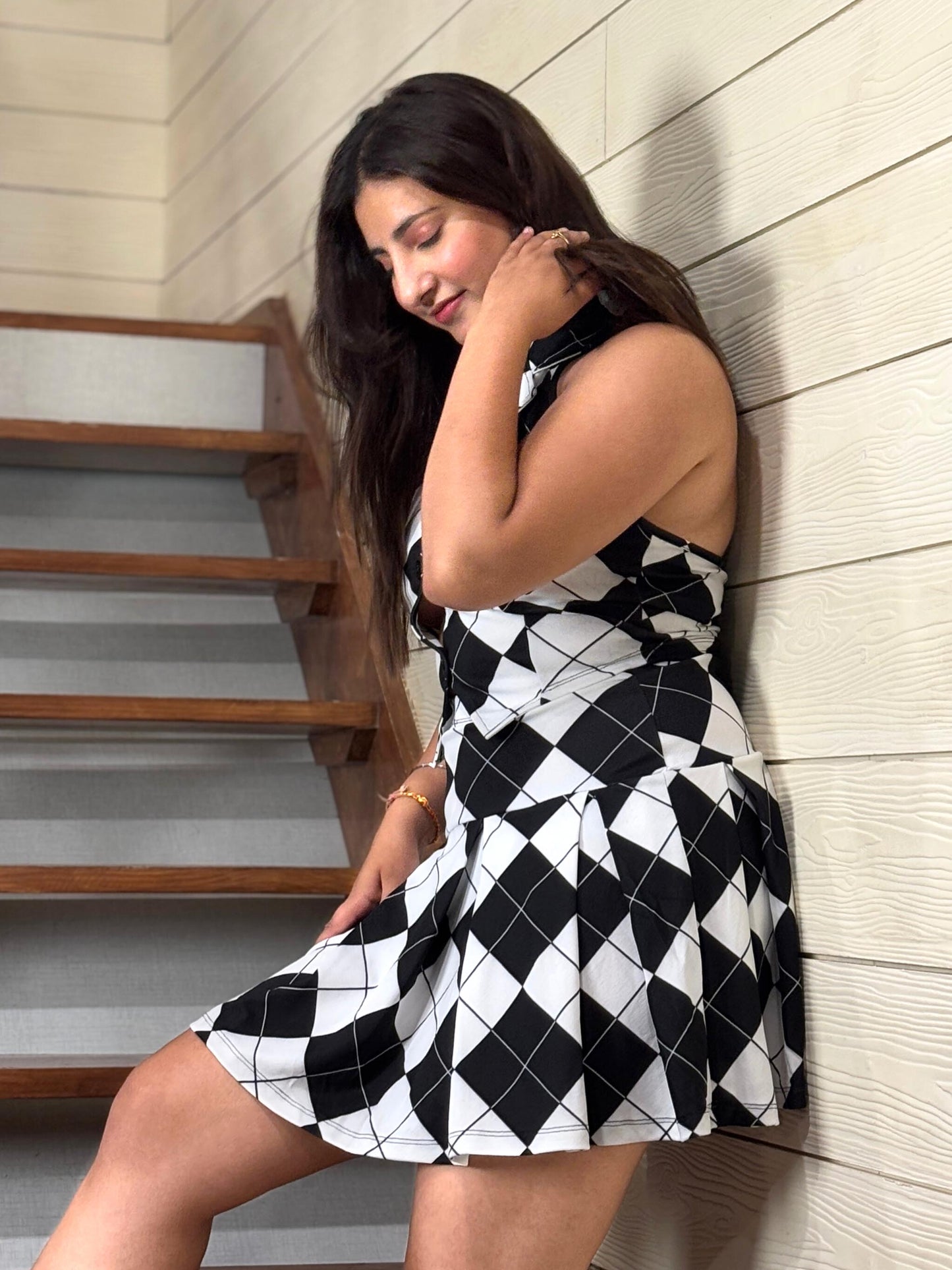 TANDUL Stunning Black and White Argyle Pattern Co-ord Set