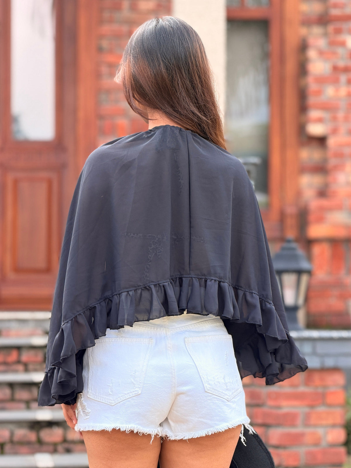 TANDUL Women Black Sheer Georgette Shrug with Ruffle Trim