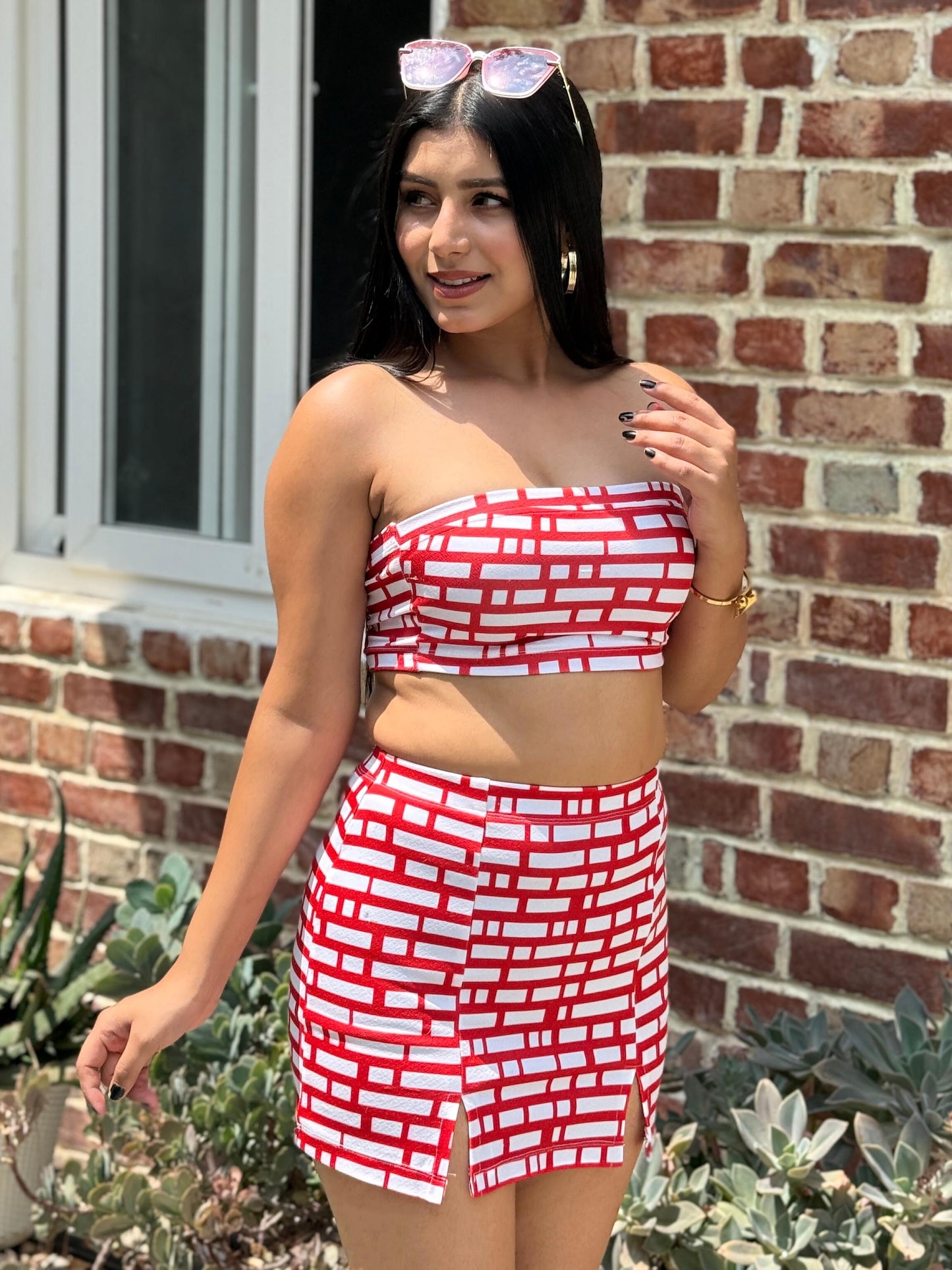 TANDUL Stunning Red and White Patterned Co-ord Set