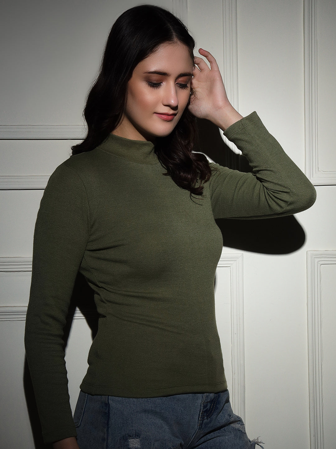 TANDUL  Women Solid High Neck Green Sweater