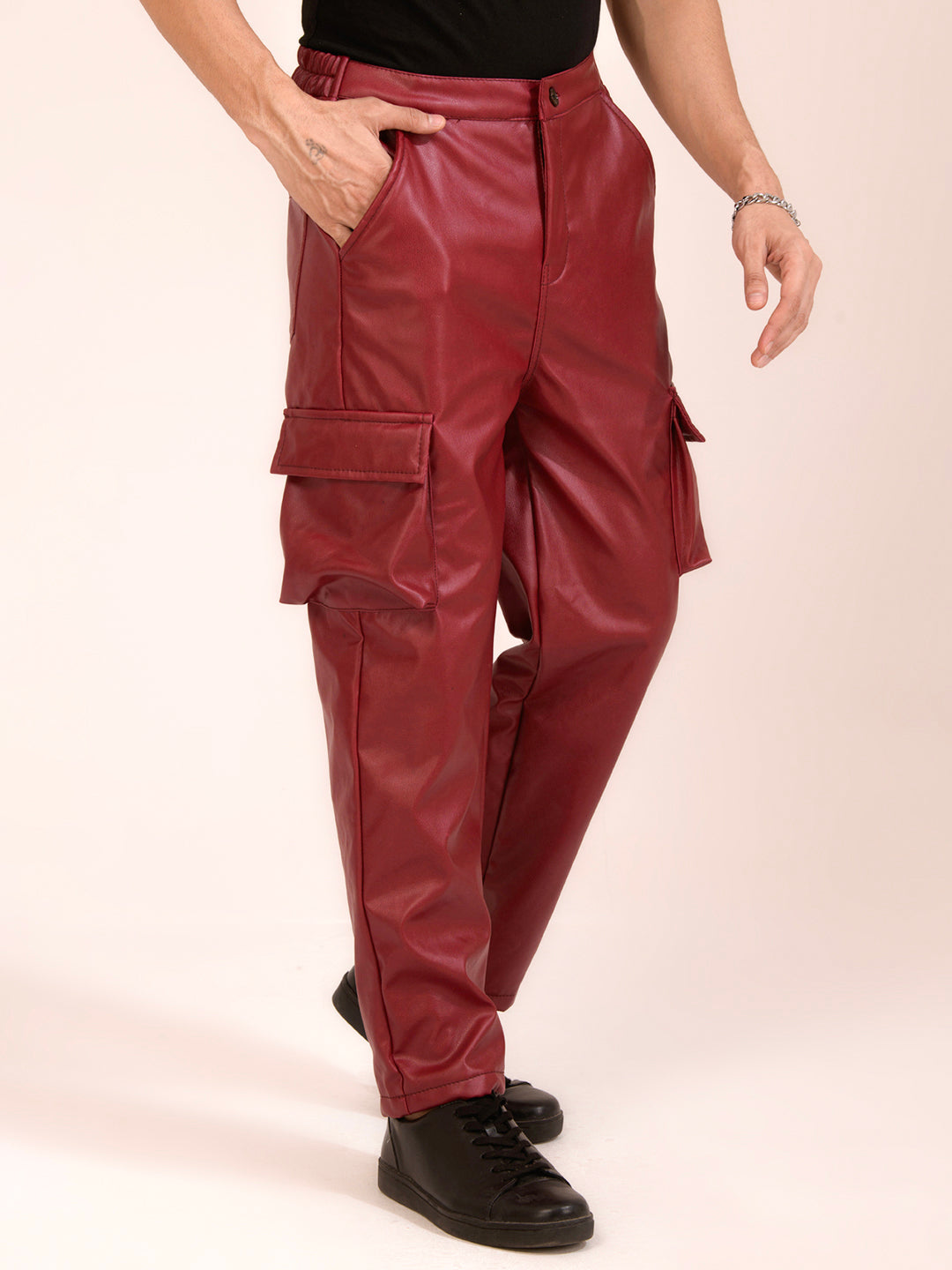 TANDUL  Men Regular Fit Maroon Faux Leather Trousers