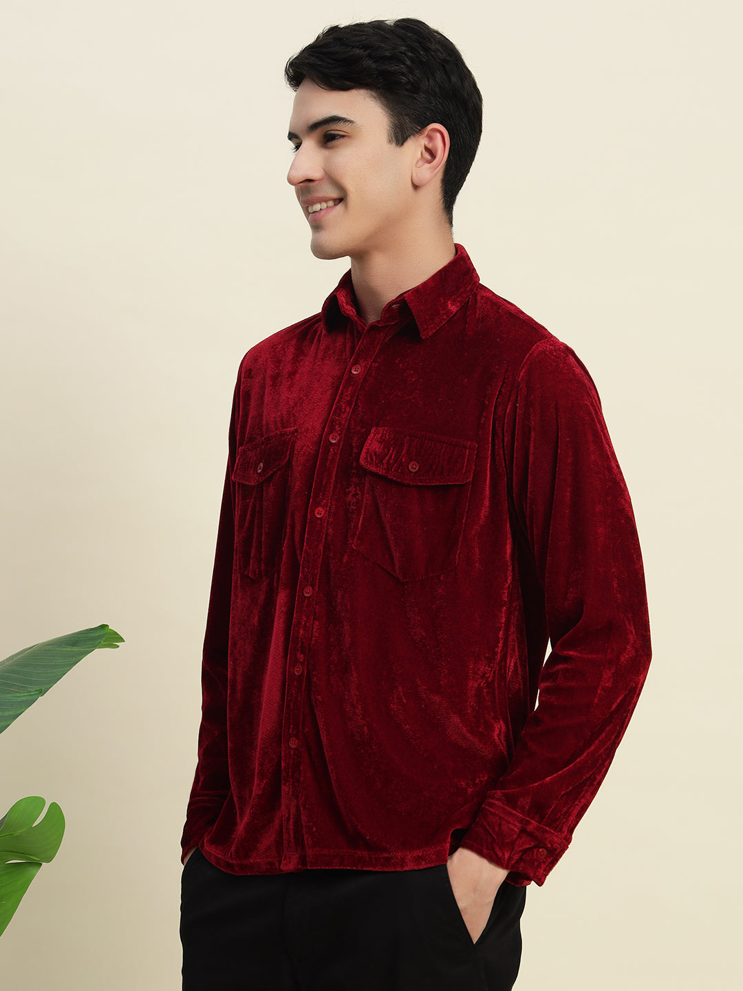 TANDUL Men's Maroon Velvet Shirt