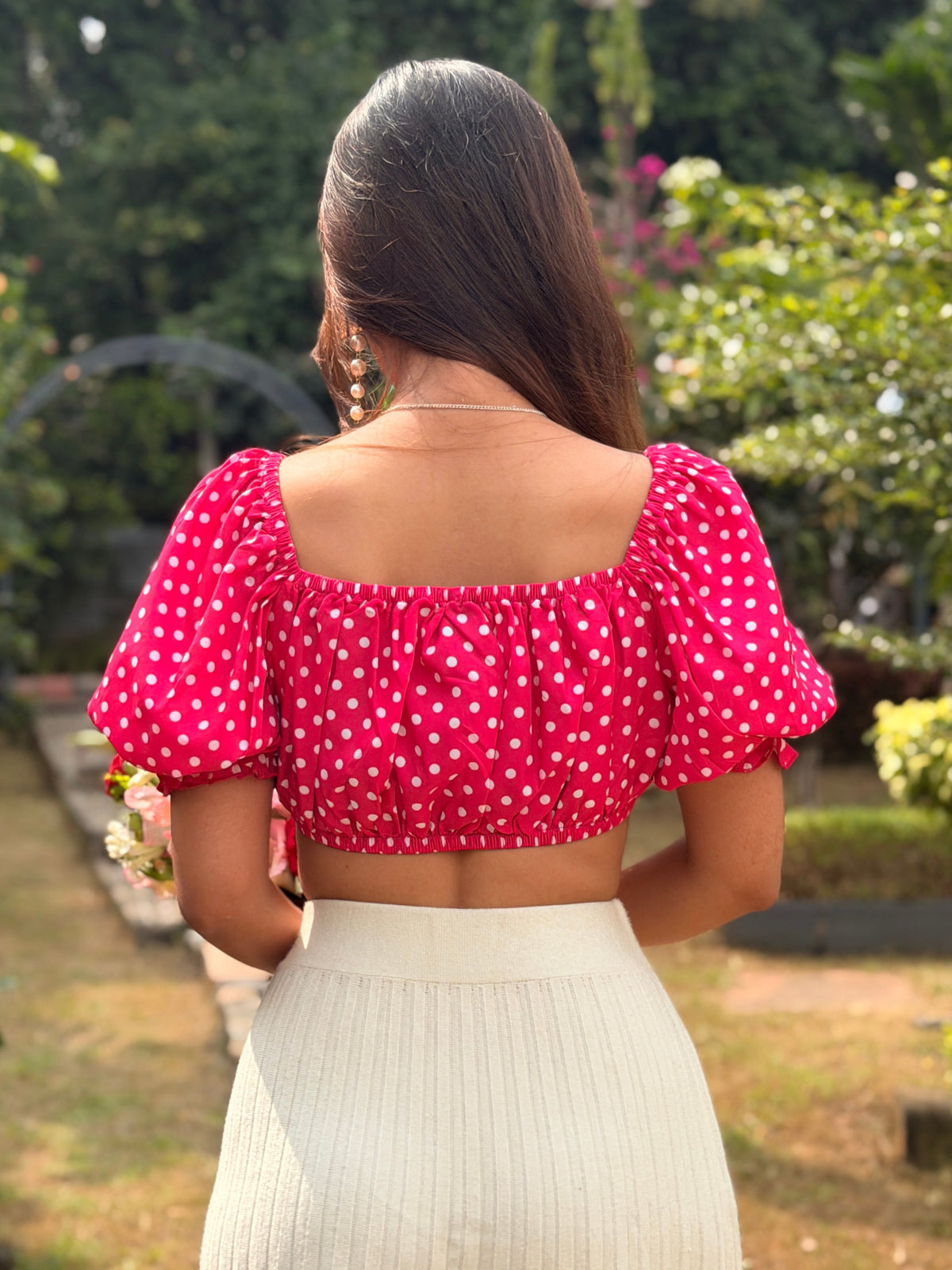 TANDUL Women Hot Pink Polka Dot Puff Sleeve Crop Top