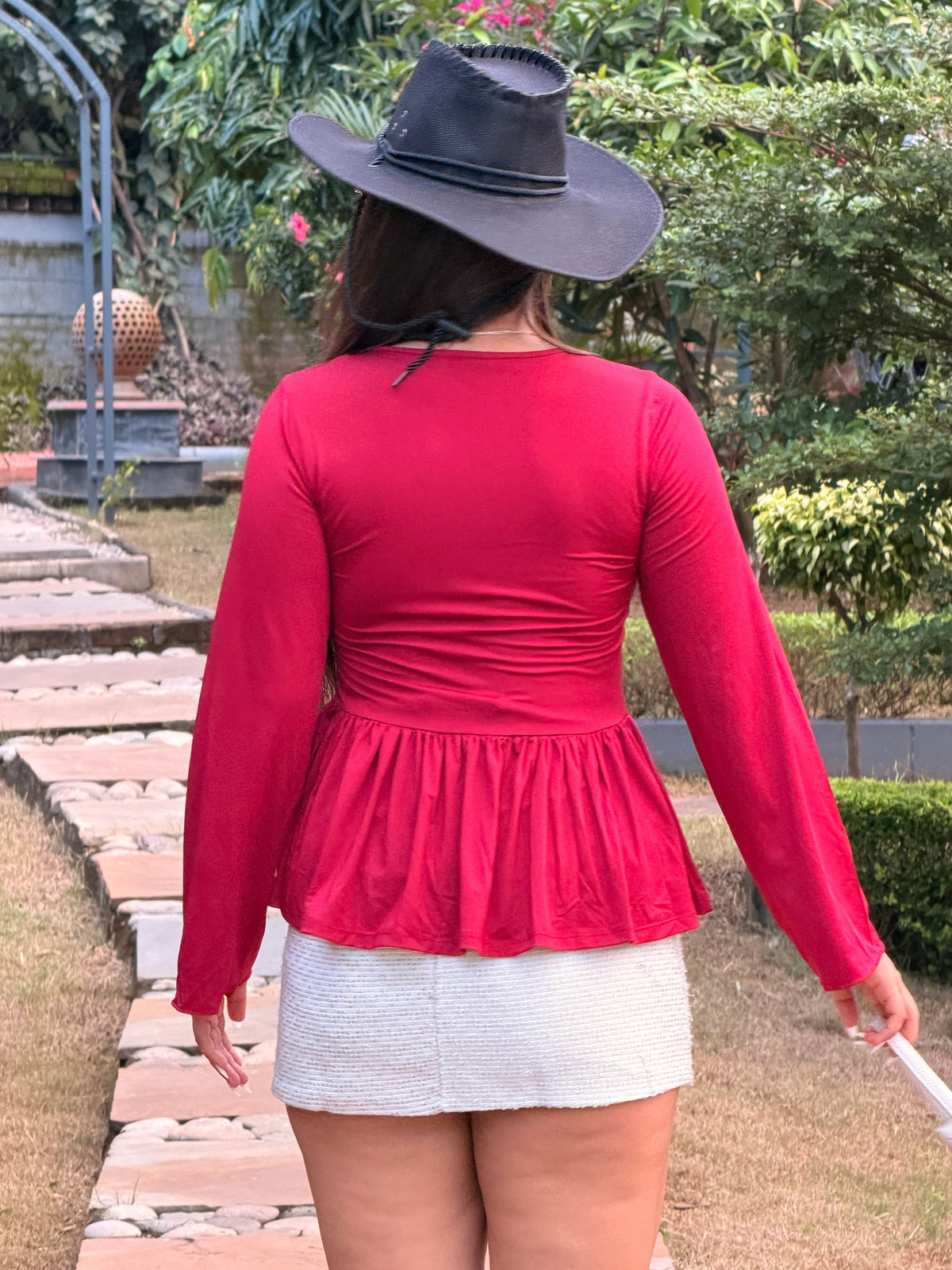TANDUL Women Burgundy Twist-Front Peplum Top
