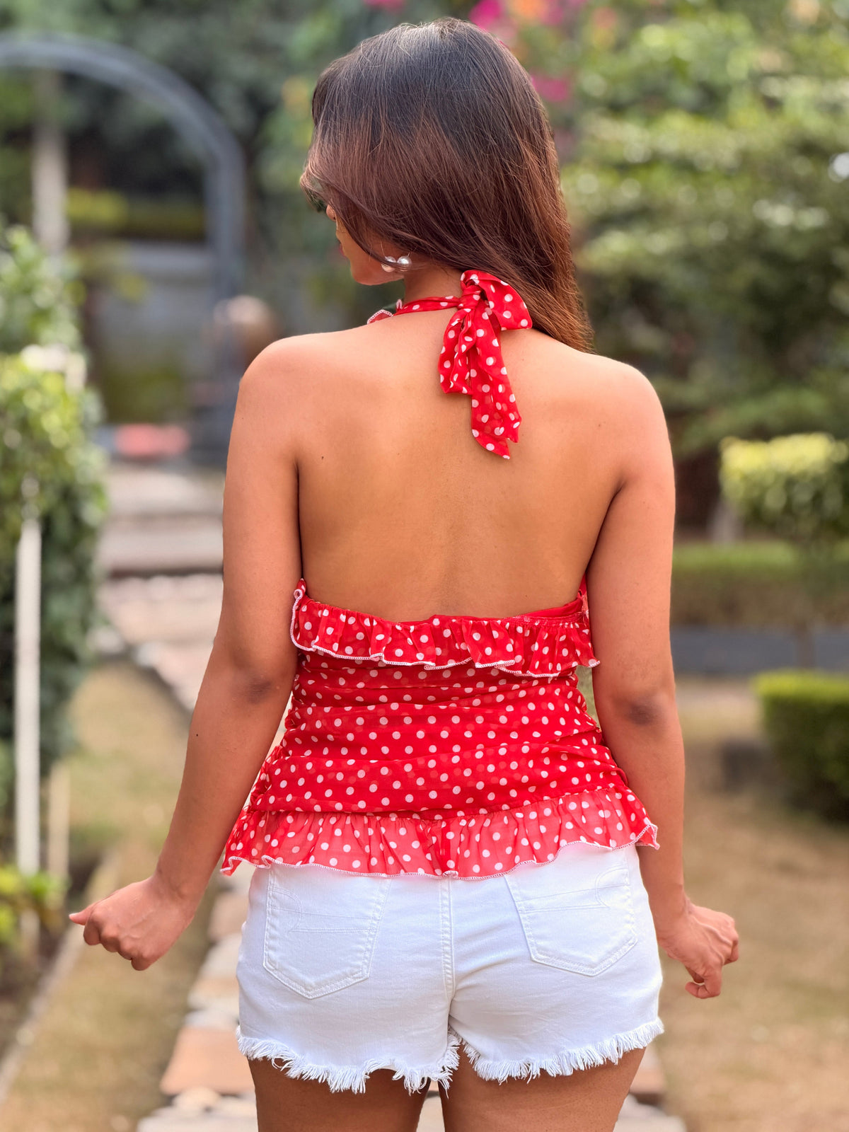 TANDUL Women Vintage-Inspired Red Polka Dot Halter Top