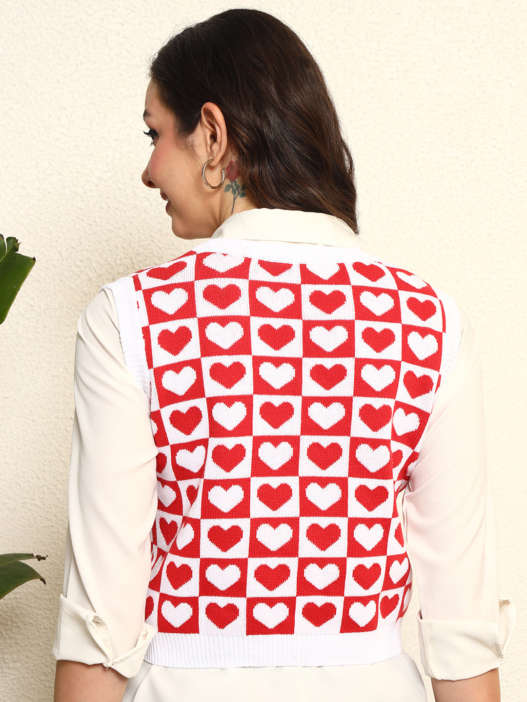 TANDUL Women Charming Red and White Heart Patterned Sweater
