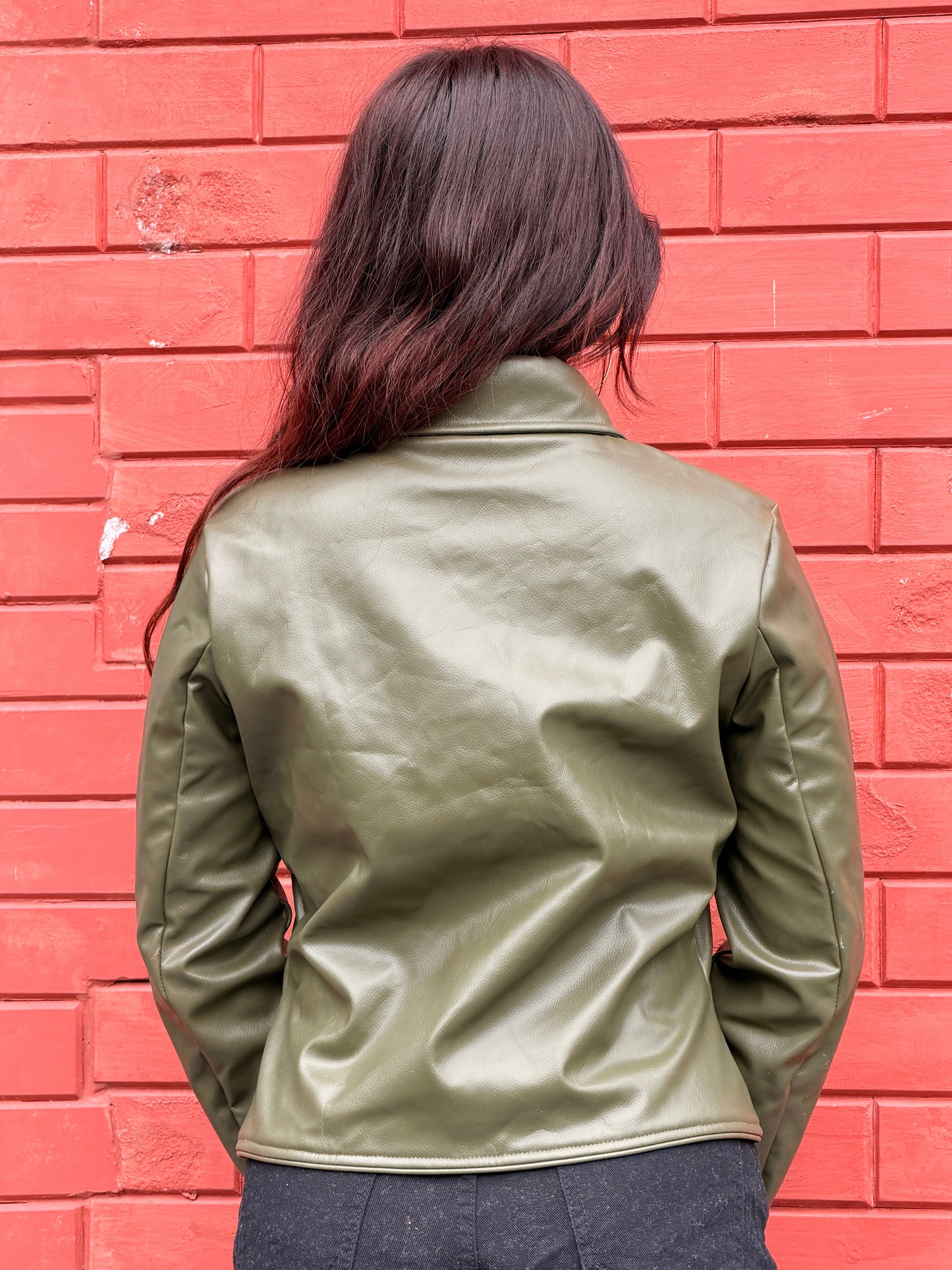 TANDUL Women Olive Green Faux Leather Jacket