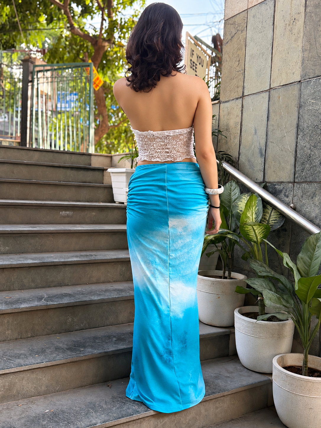 TANDUL Women Ocean Blue Tie-Dye Bodycon Maxi Skirt