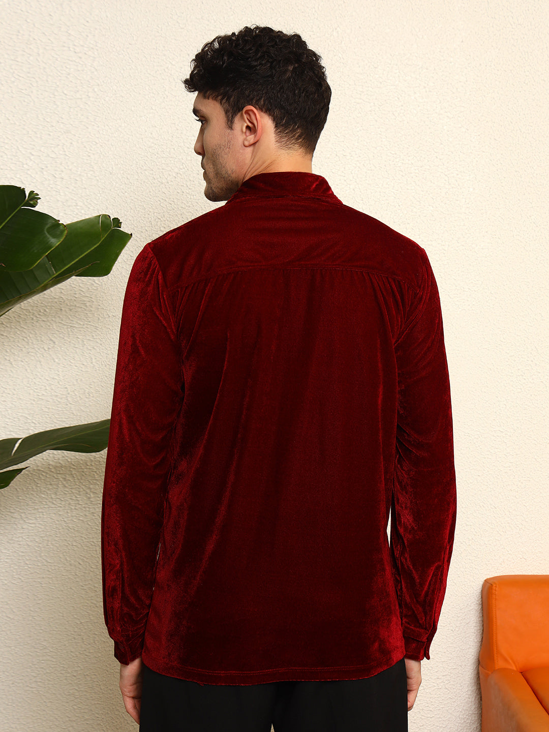 TANDUL Men's Maroon Velvet Shirt