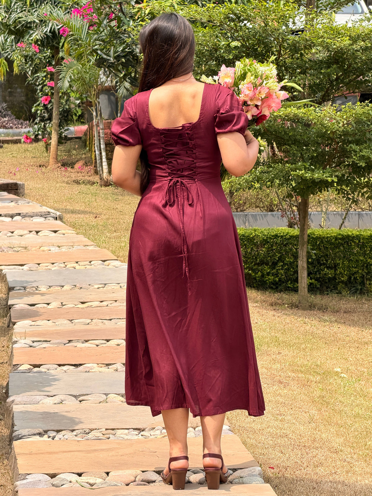 TANDUL Women Classic Wine Lace-Up Corset Midi Dress