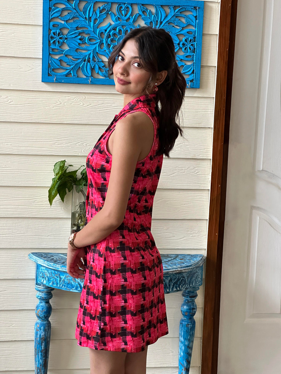 TANDUL Women Chic Pink and Black Pattern Dress
