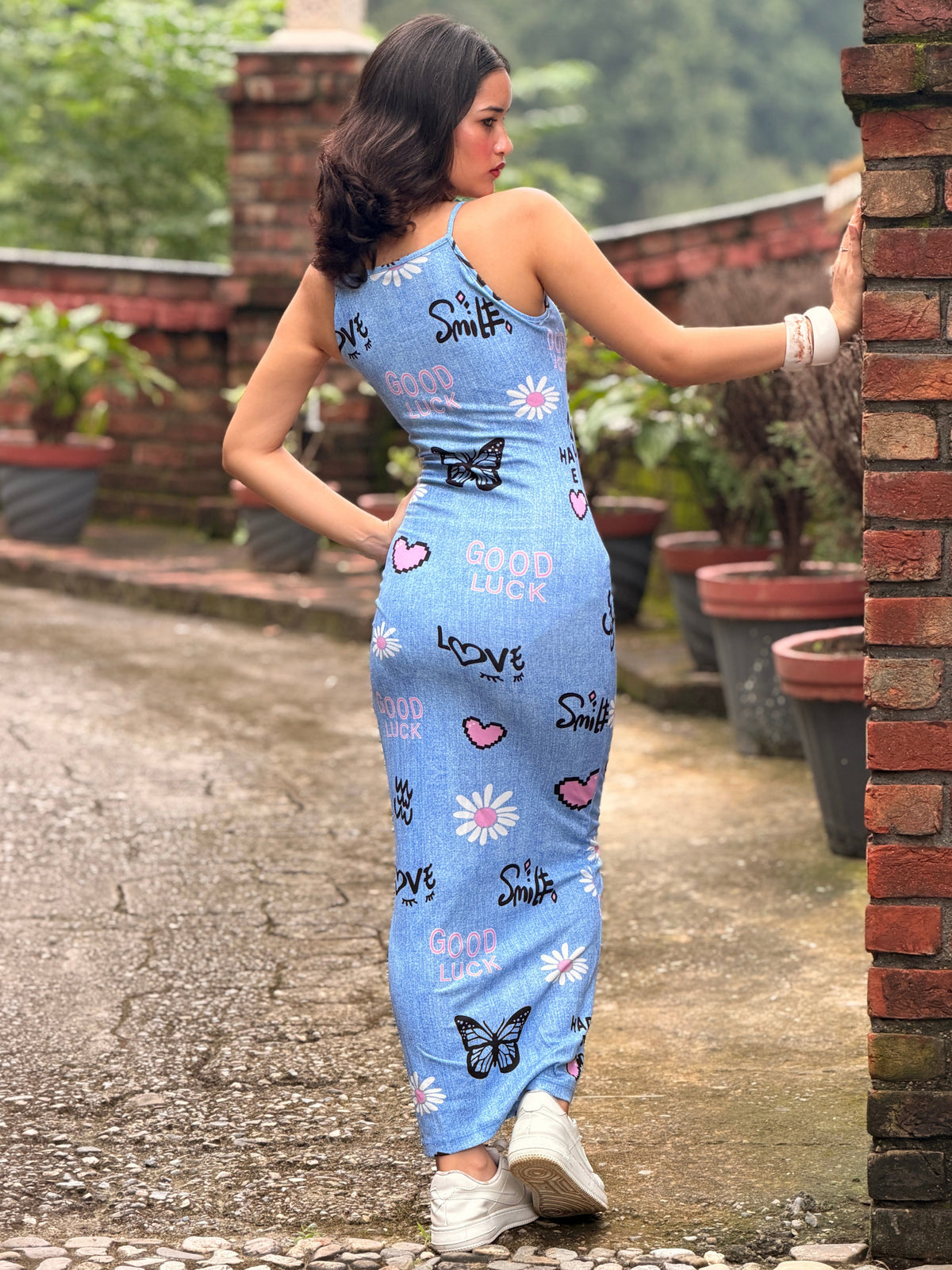 TANDUL Women's Sleeveless Halter Neck Printed Bodycon Maxi Dress