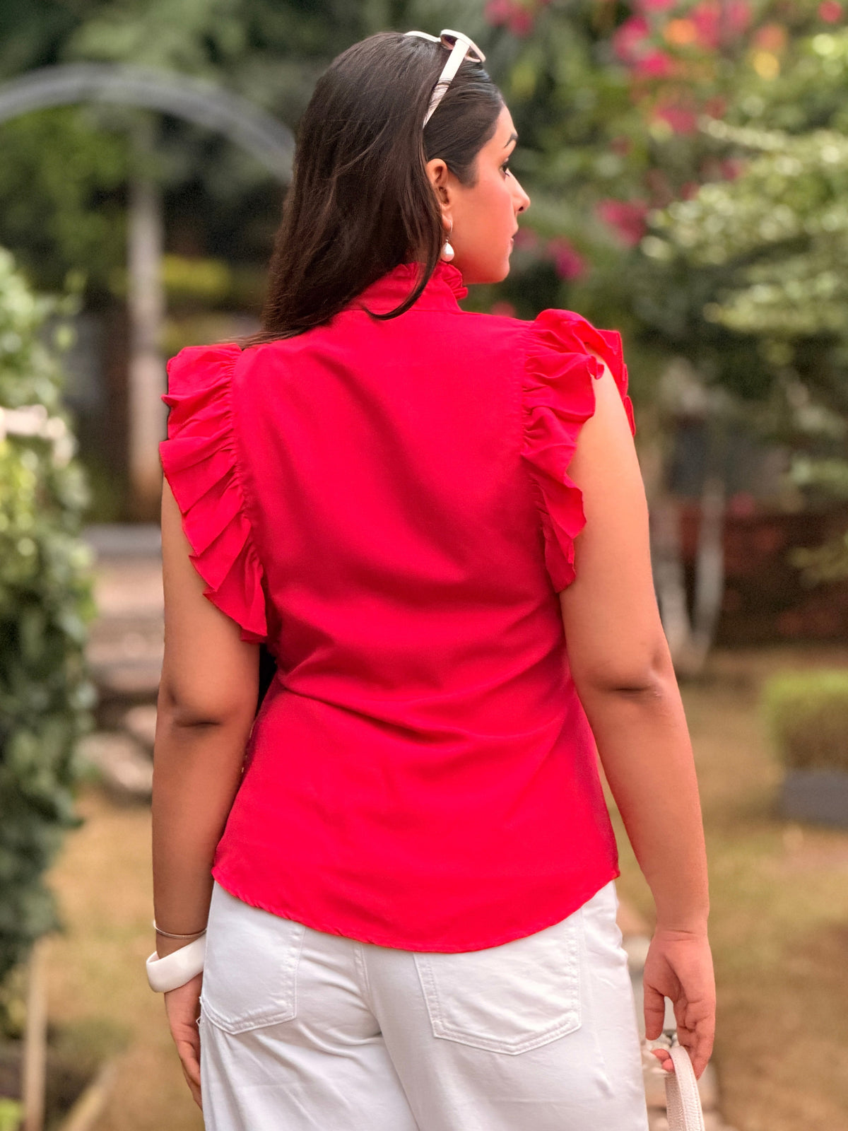 TANDUL Women Fuchsia Romantic Ruffle-Sleeve Shirt