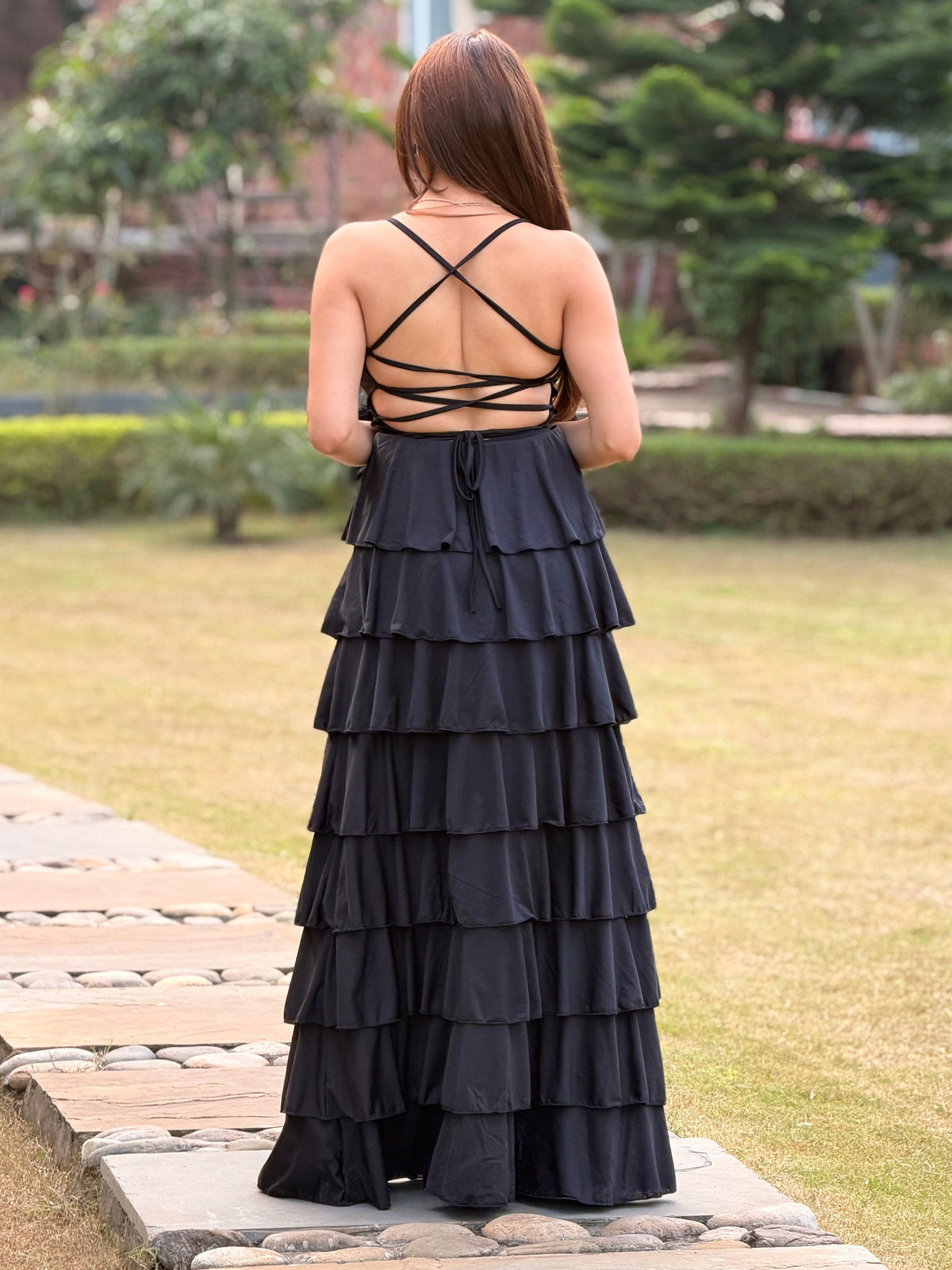 TANDUL Women's Black Tiered Ruffle Maxi Dress