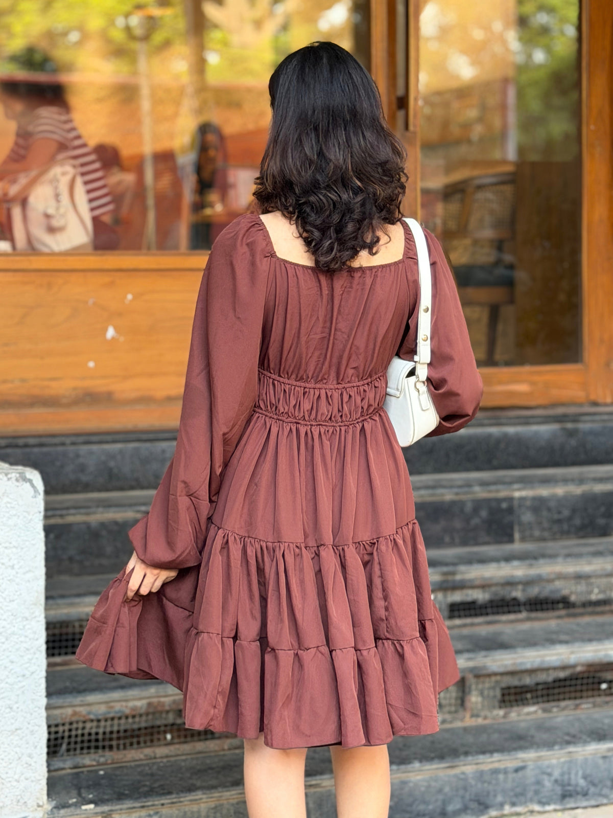 TANDUL Women Brown Waist Tiered Flare Mini Dress