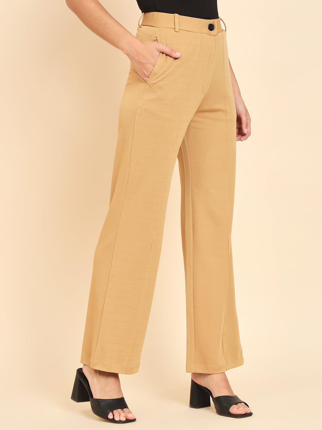 TANDUL Women Regular Fit Beige Lycra Trousers