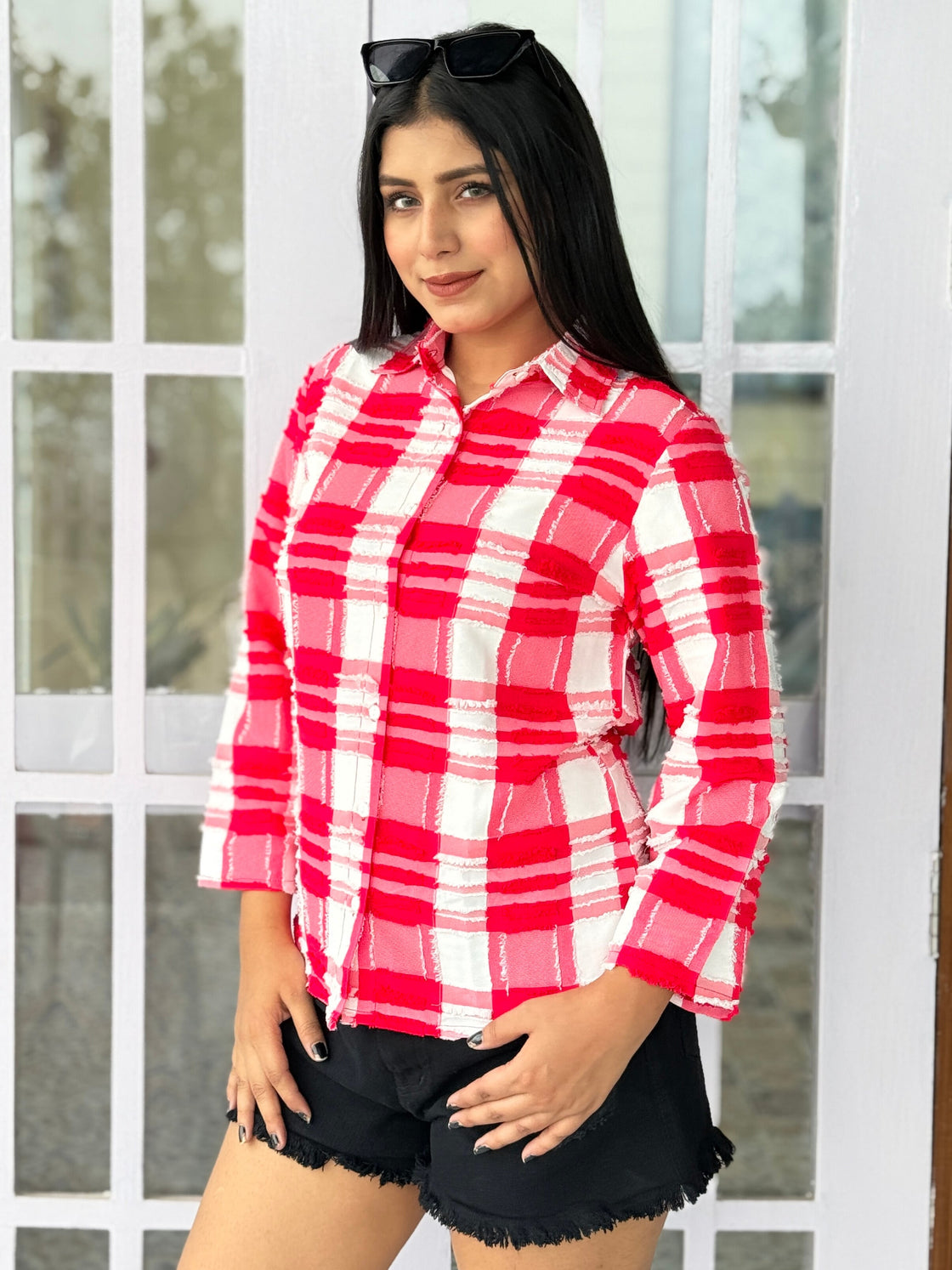 TANDUL Women Pink and white Plaid Shirt