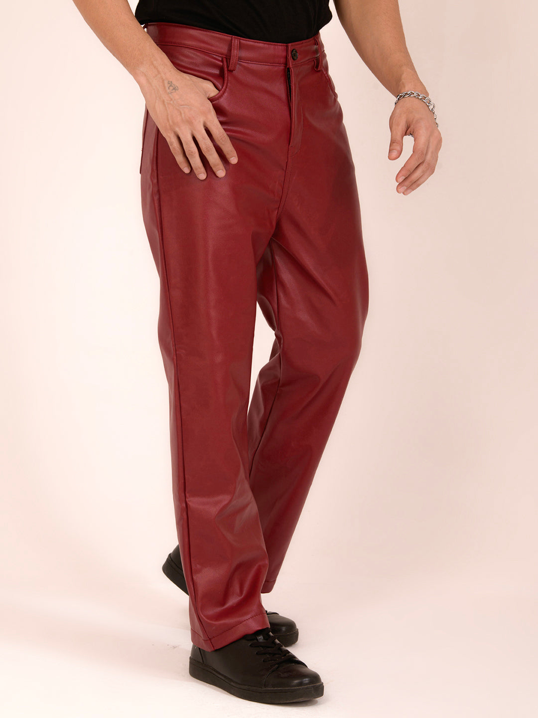 TANDUL  Men Regular Fit Maroon Faux Leather Trousers