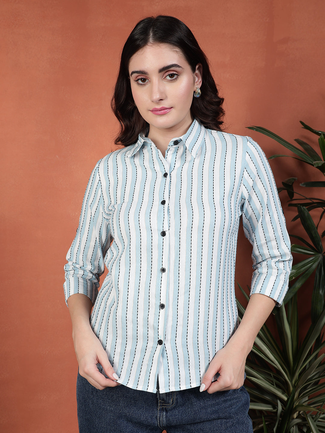 TANDUL Women Stylish Blue and White Striped Shirt