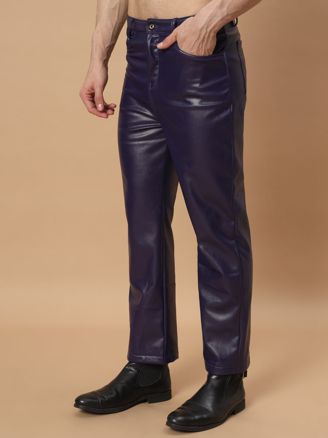 TANDUL  Men Regular Fit Purple Faux Leather Trousers