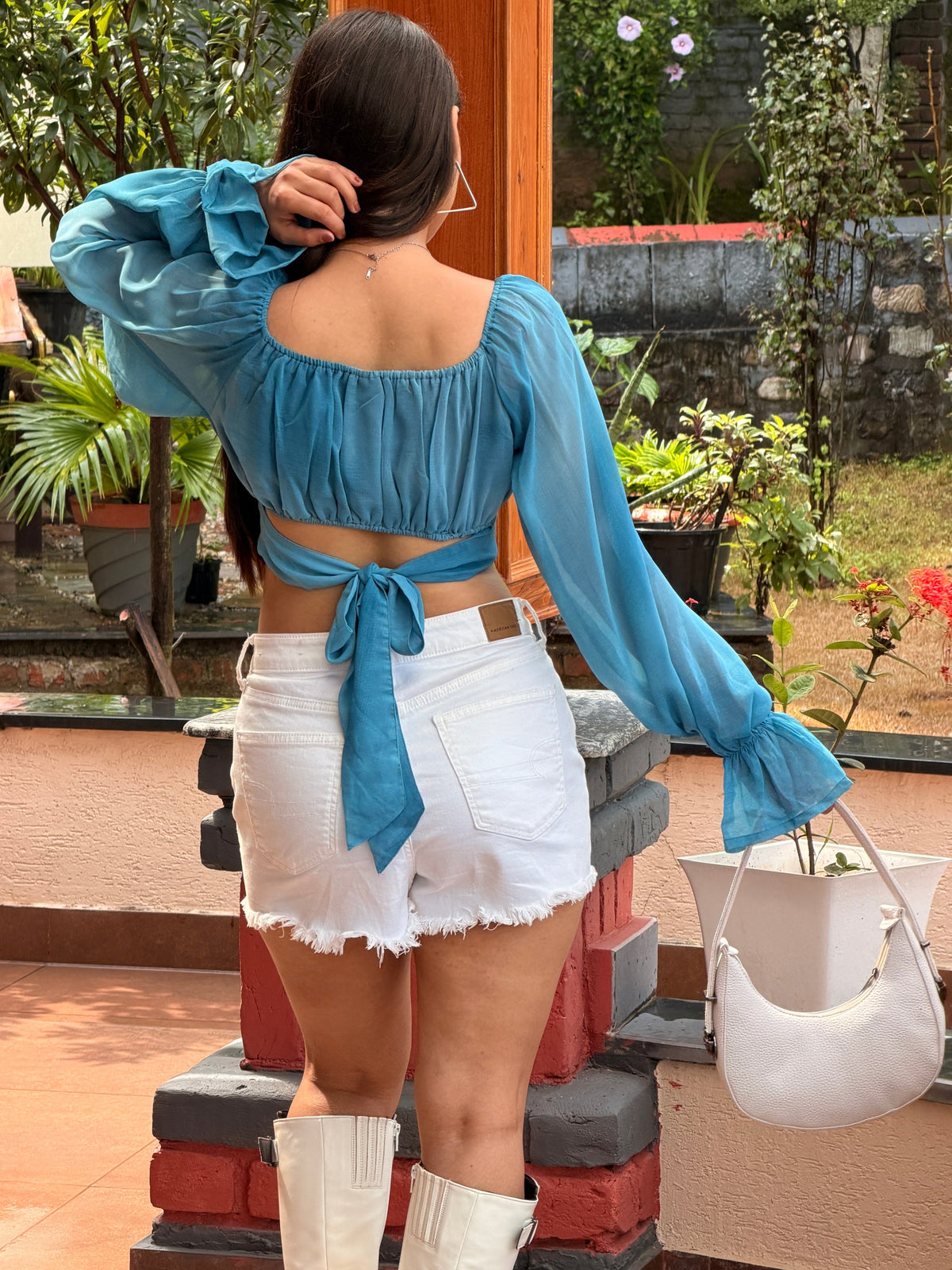 TANDUL Women Ruched Square Neck  Georgette Crop Top
