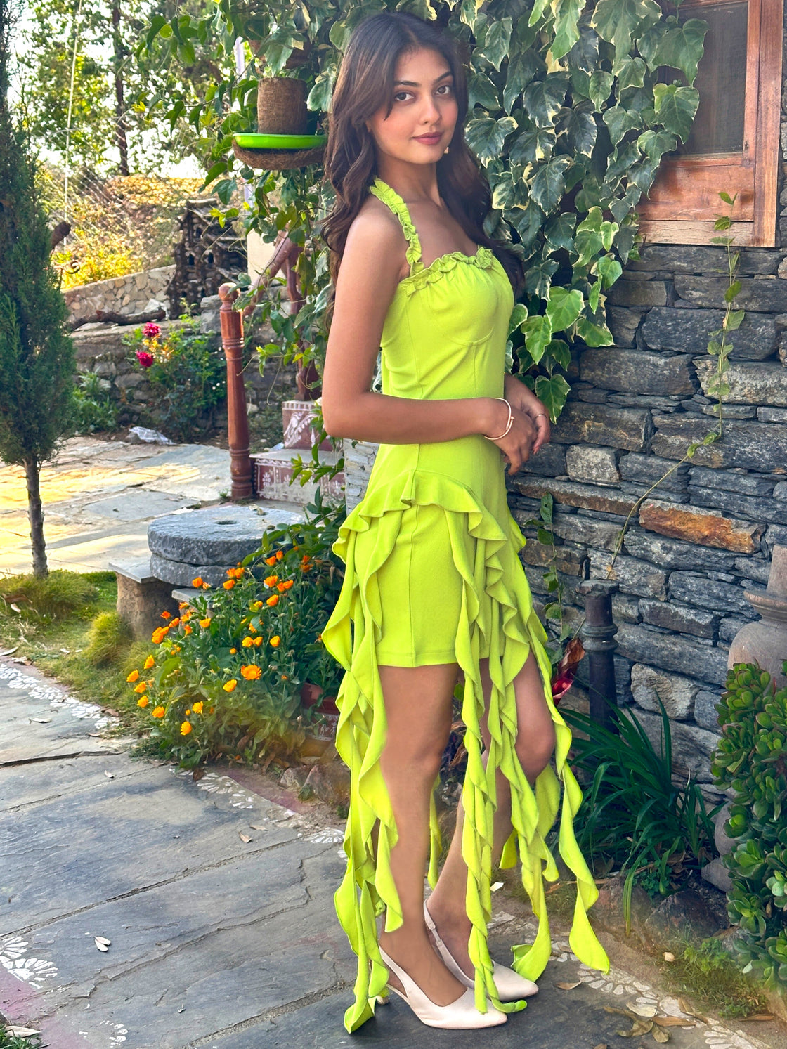 TANDUL Vibrant Neon Green Frills Dress
