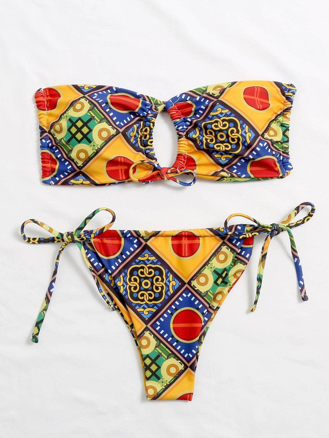 ELTIRE Multicolor Two Piece Bandeau Self Tie Bikini Swimsuit