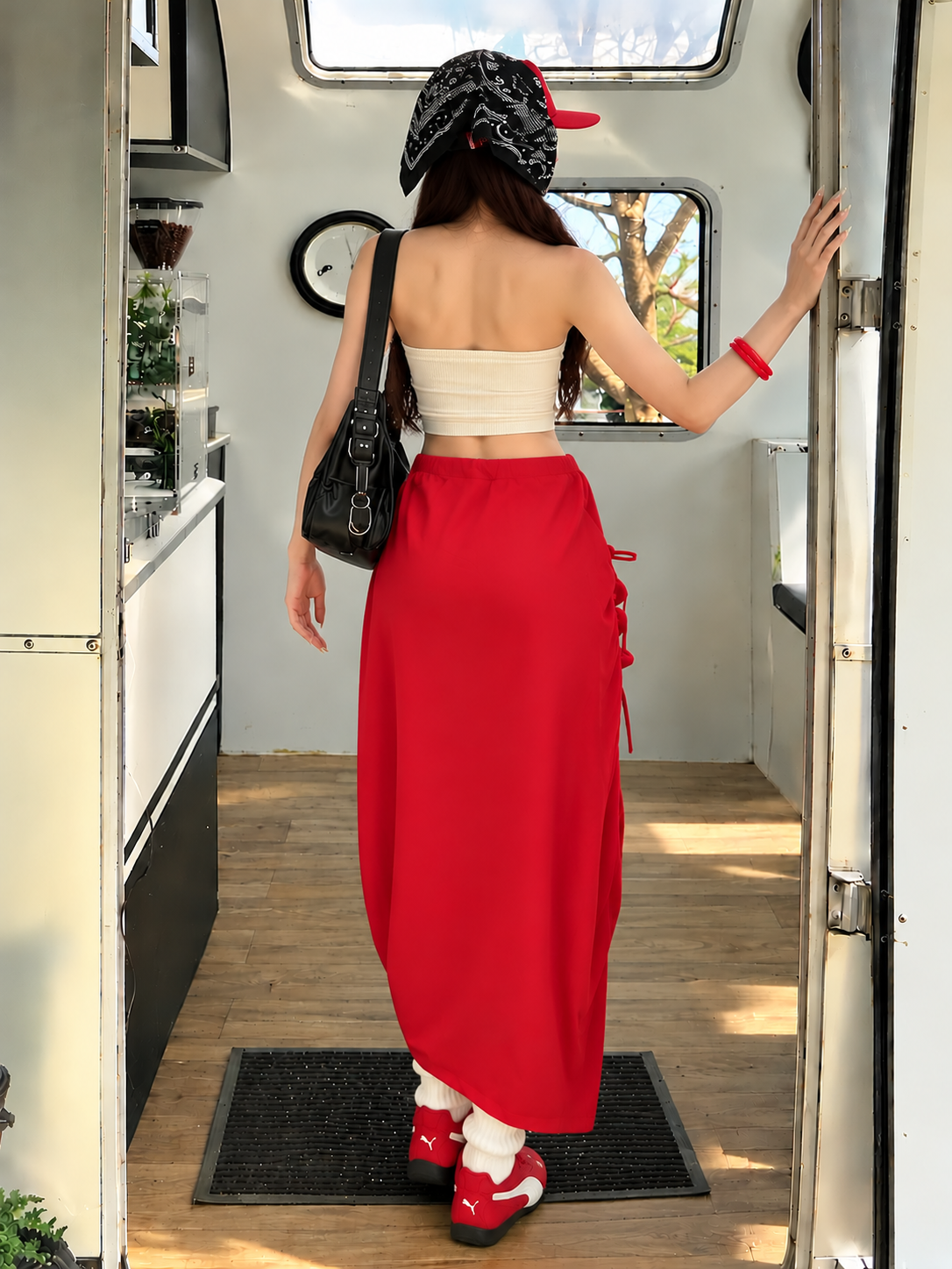 TANDUL Women Red Drawstring Ruched Maxi Cargo Skirt