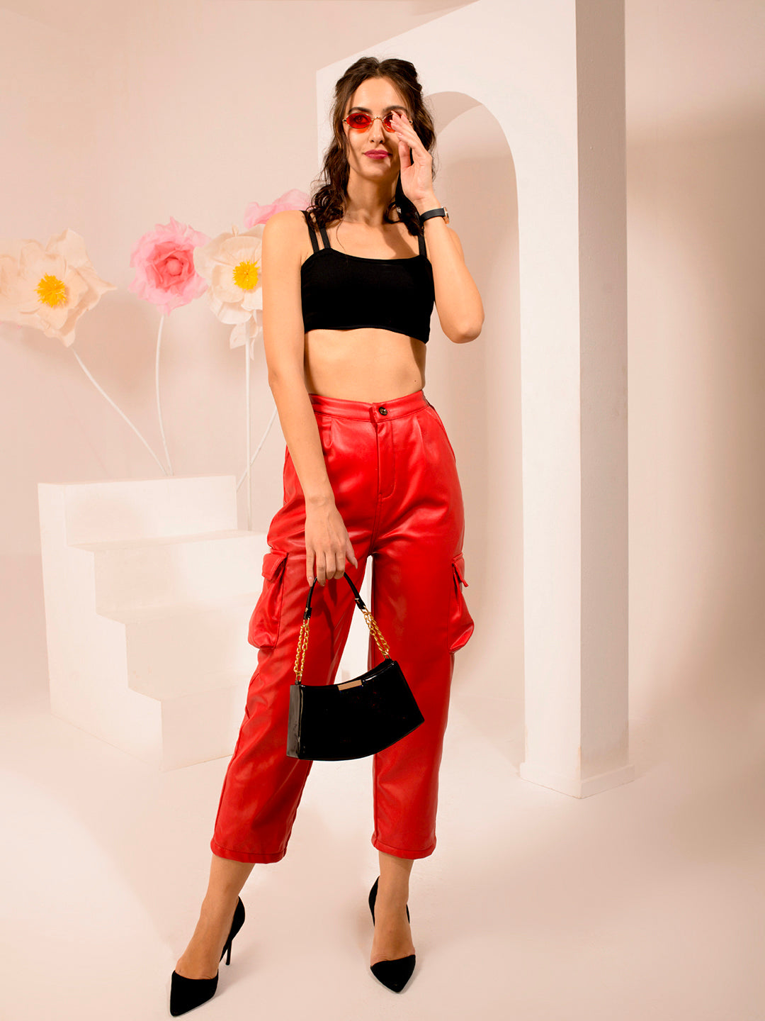 TANDUL  Women Regular Fit Red Faux Leather Trousers