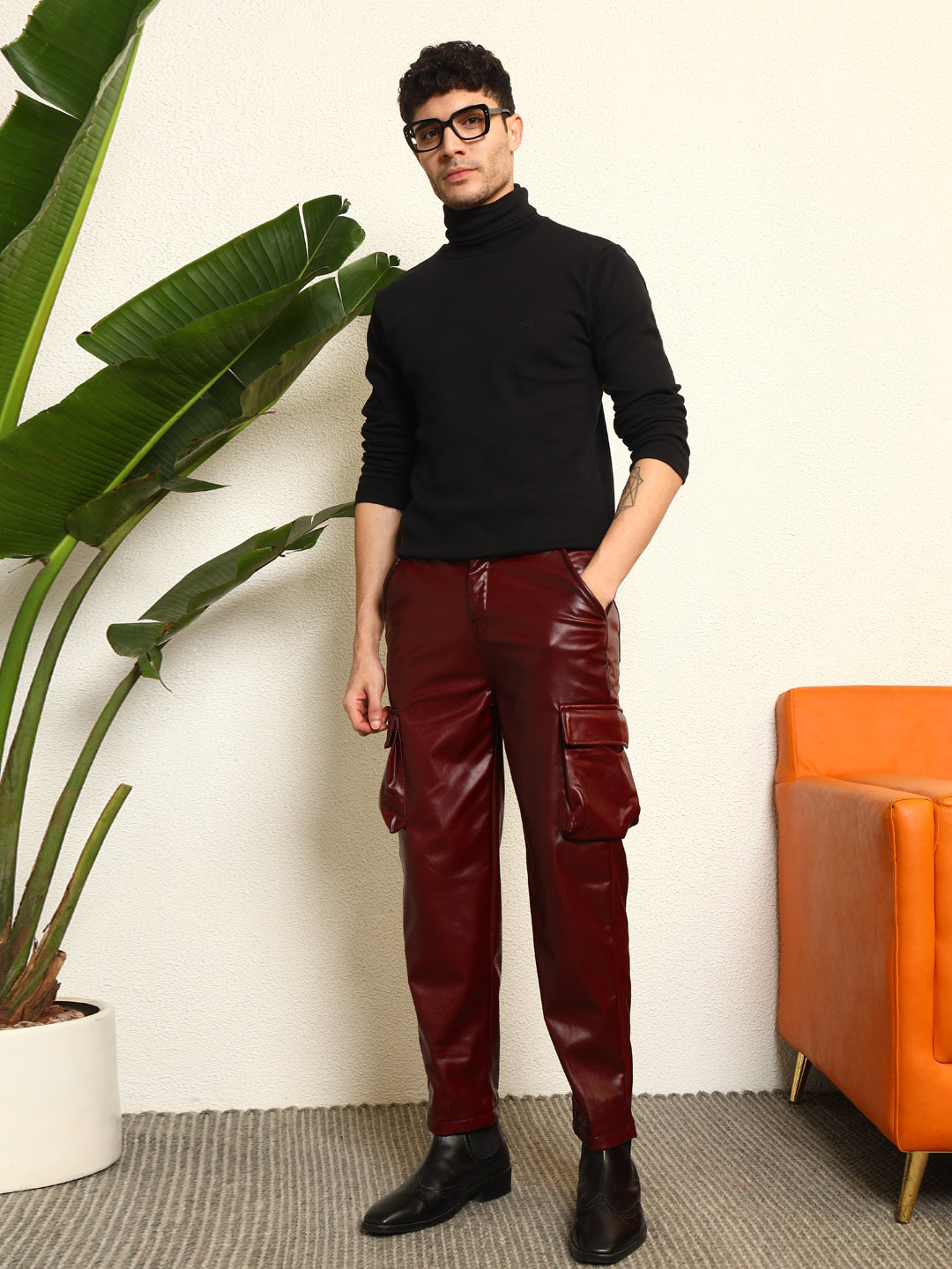 TANDUL  Men Regular Fit Maroon Faux Leather Trousers