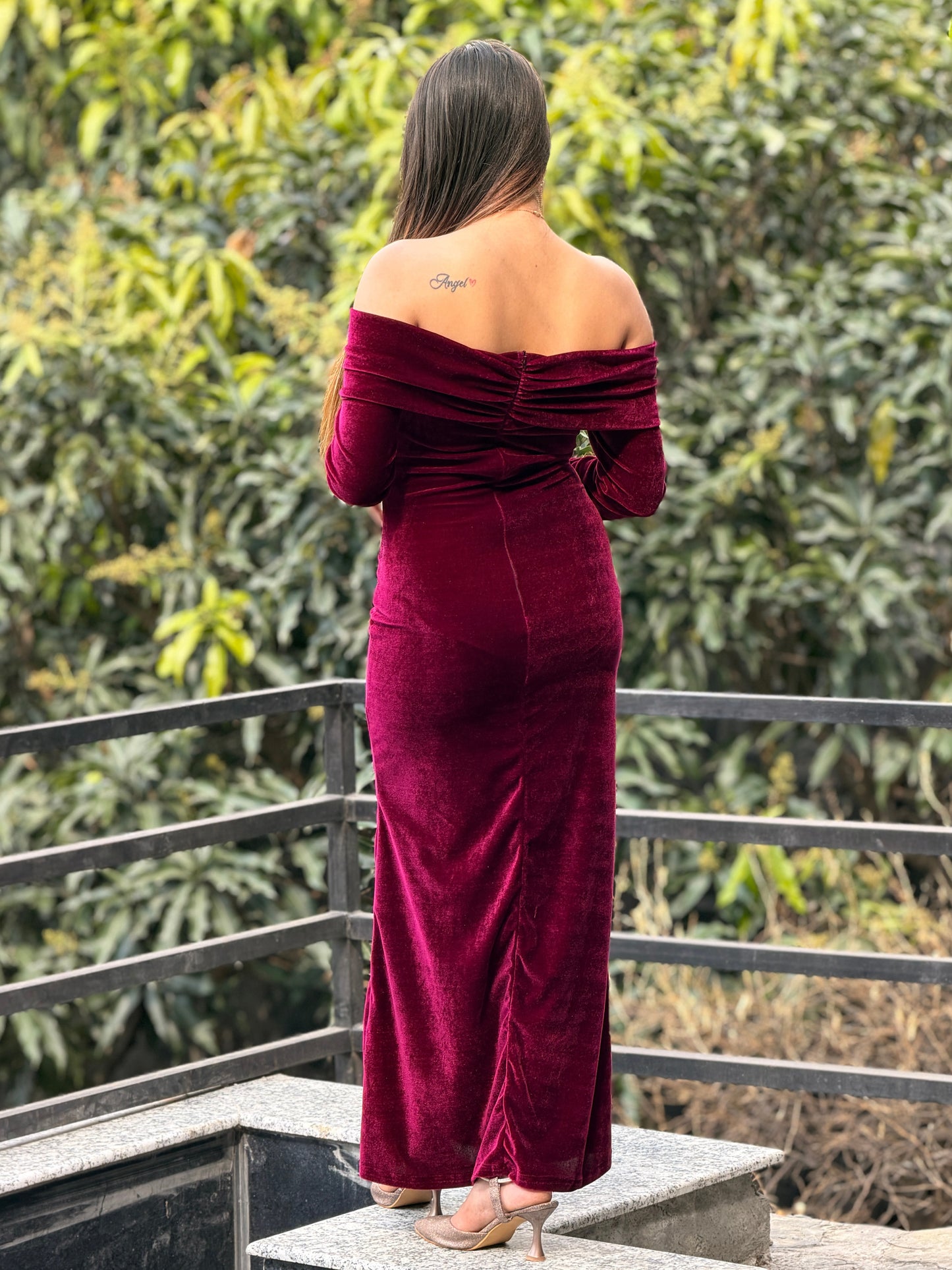 TANDUL Women Elengant Off Shoulder Maroon Velvet Dress