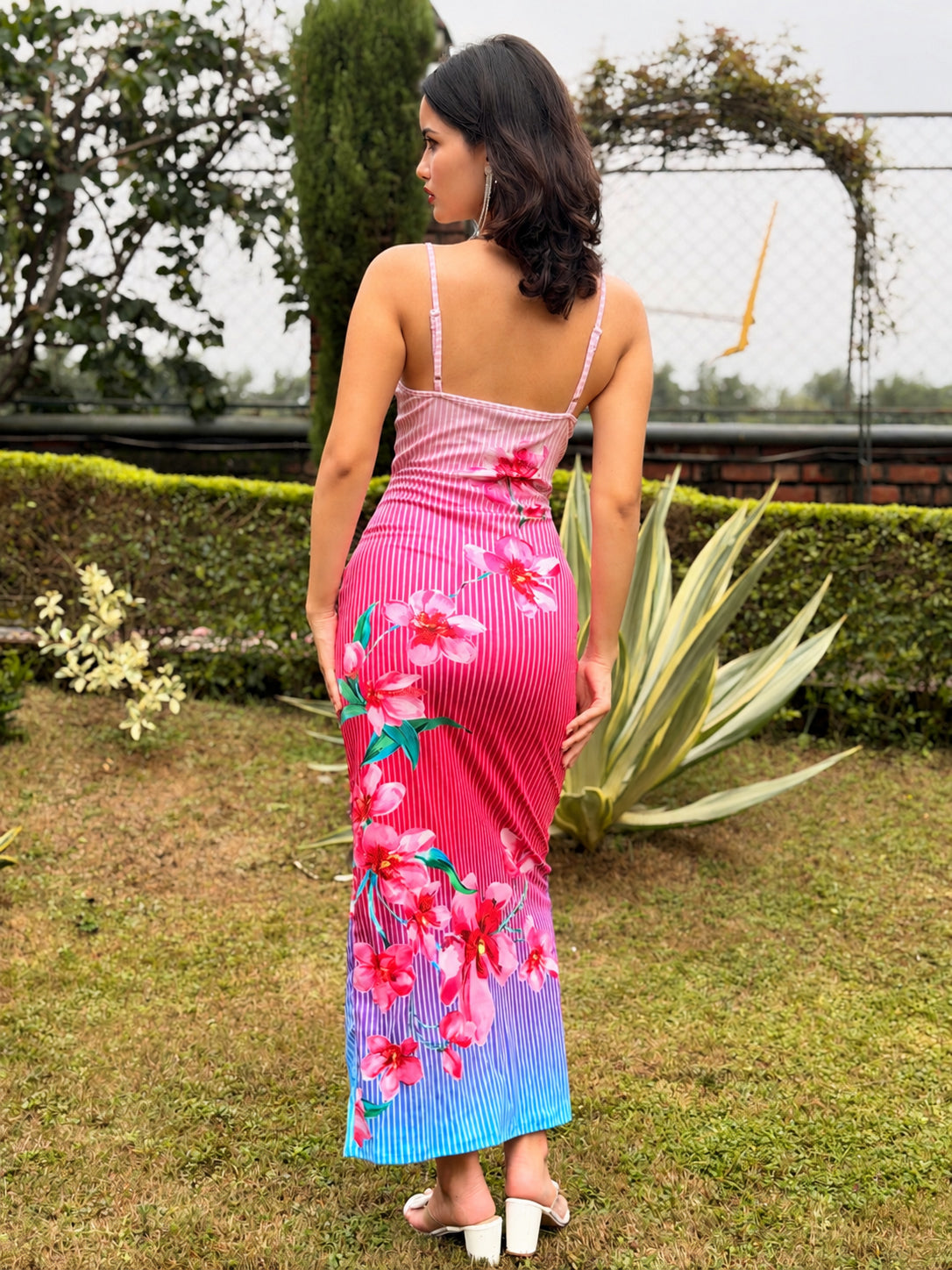 TANDUL Women Pink Stripe Cowl Neck Maxi Dress