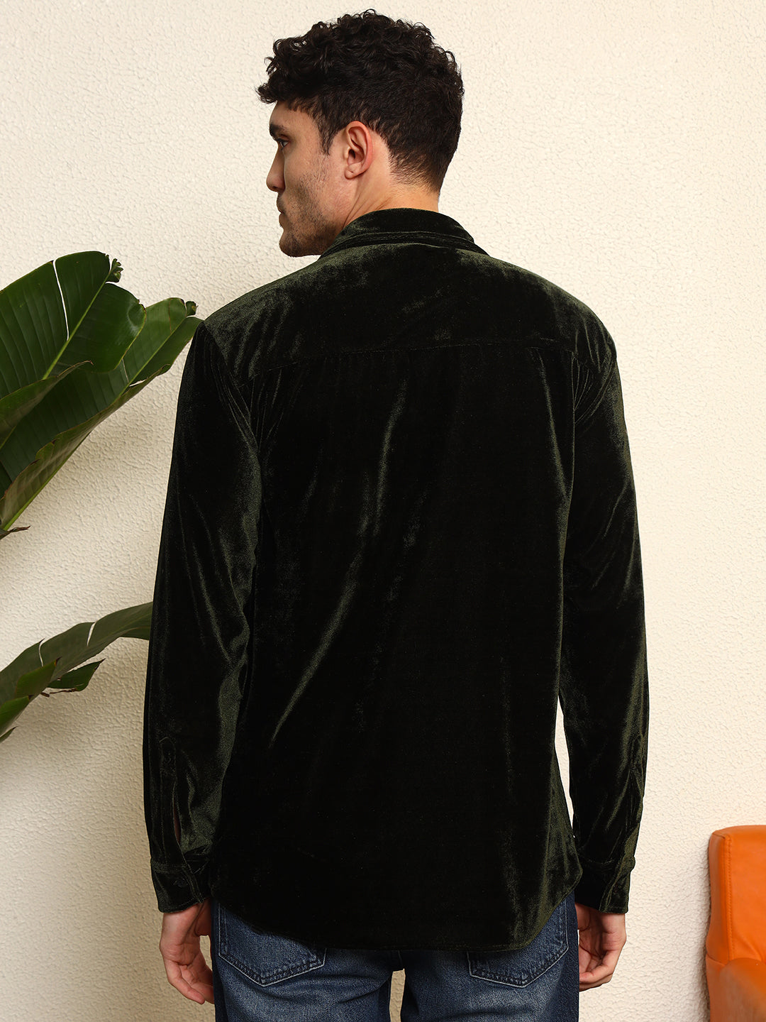 TANDUL Mens's Alluring Green Velvet Shirt