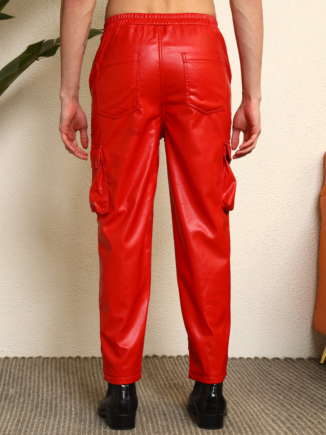 TANDUL  Men Regular Fit Red Faux Leather Trousers