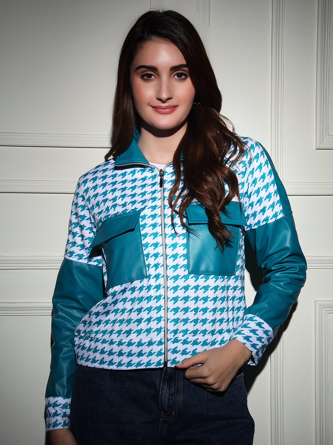 TANDUL  Women Houndstooth Fleece Jacket