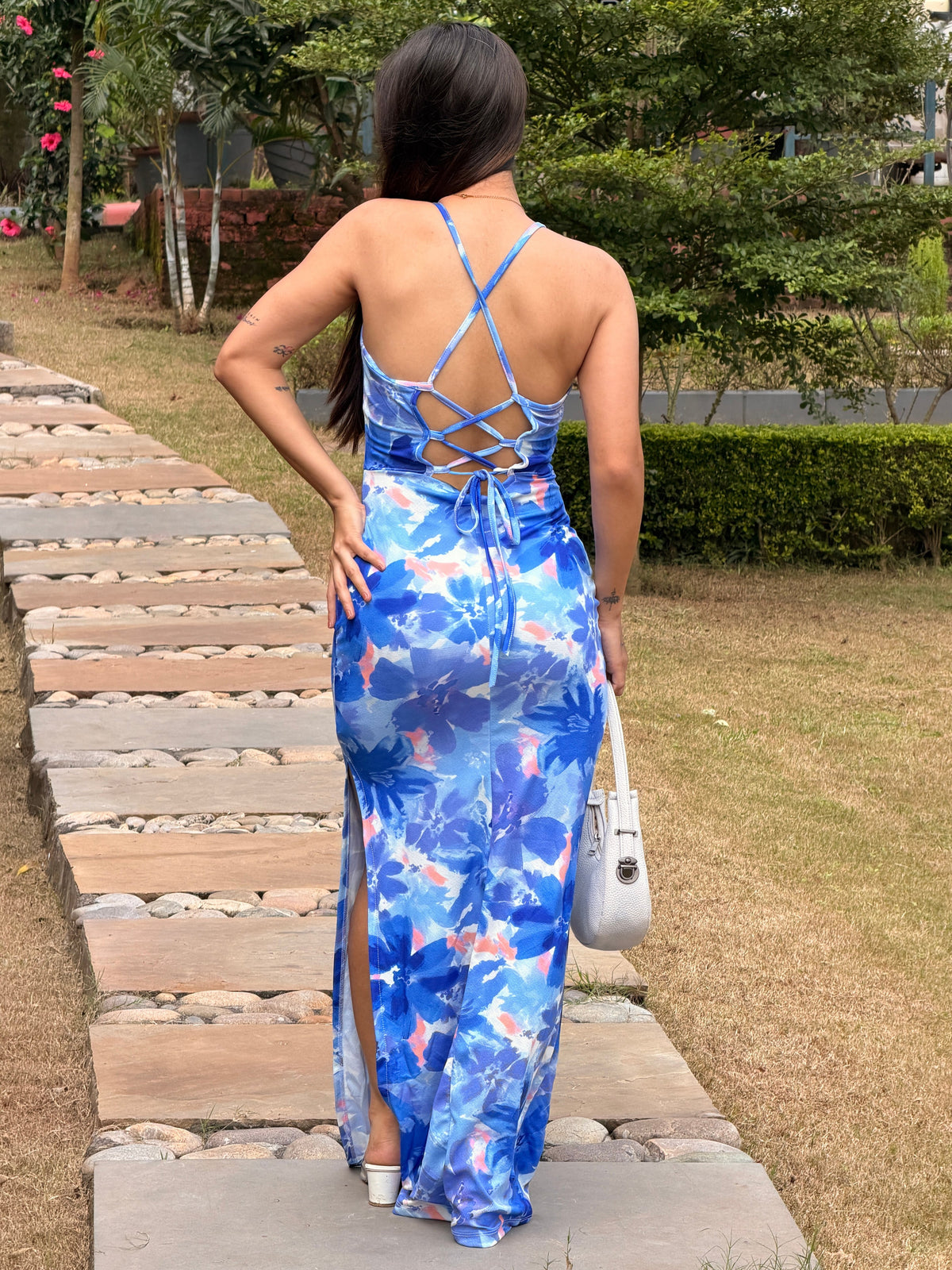 TANDUL Women Blue Floral Backless Bodycon Dress